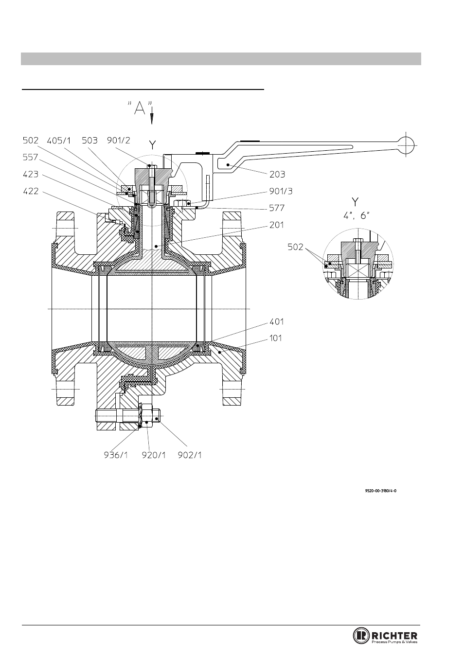 4 sectional drawing bva/f 3“ to 6“ with lever, Sectional drawing bvap/f 1“ to 2“ with, Series bva/f, bvap/f | Holes view turned 45 | Richter BVAP/F Series Ball Valves (ASME) User Manual | Page 16 / 28