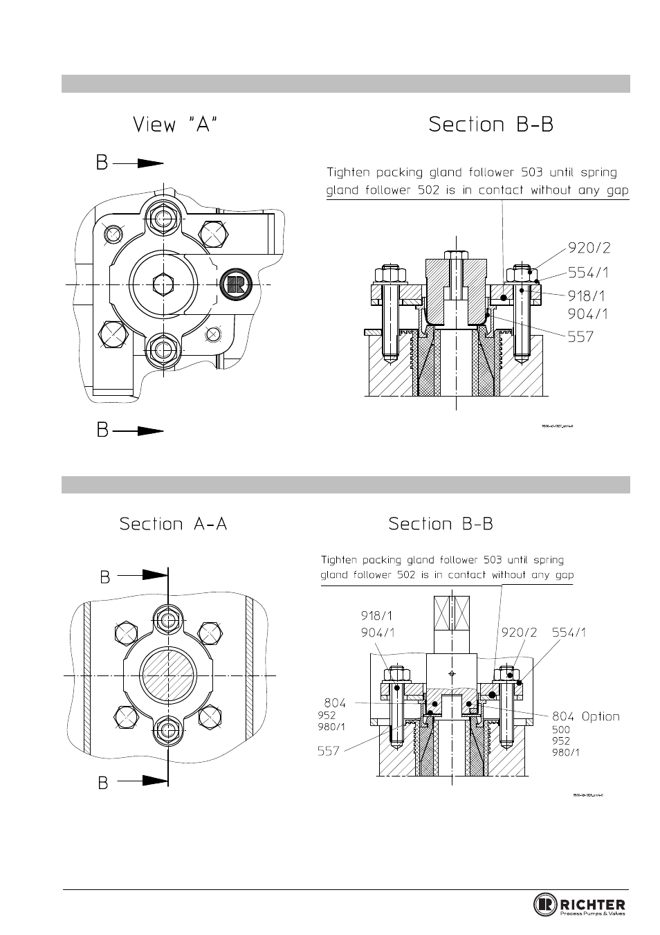 5 view and section bva/f, 6 view and section bvap/f, Actuator | Sectional drawing bvap/f 3“ to 6“ with, Series bva/f, bvap/f | Richter BVAP/F Series Ball Valves (ASME) User Manual | Page 17 / 28