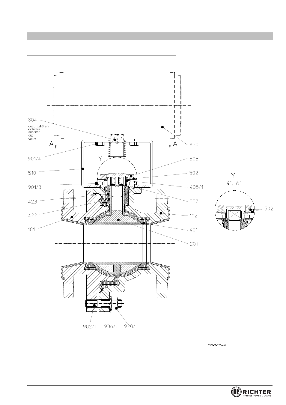 8 sectional drawing bvap/f 3“ to 6“ with actuator, Tabel to dimensional drawing bvap/f, Series bva/f, bvap/f | Richter BVAP/F Series Ball Valves (ASME) User Manual | Page 19 / 28