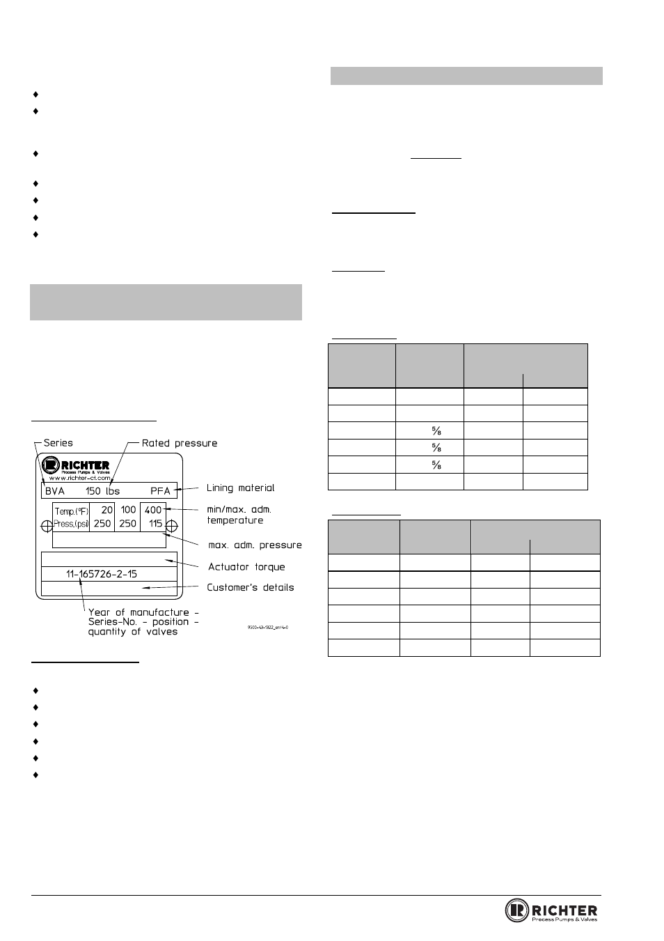 1 name plate and body identification, 2 tightening torques, Flow values | Pressure-temperature-diagram, Series bva/f, bvap/f | Richter BVAP/F Series Ball Valves (ASME) User Manual | Page 4 / 28