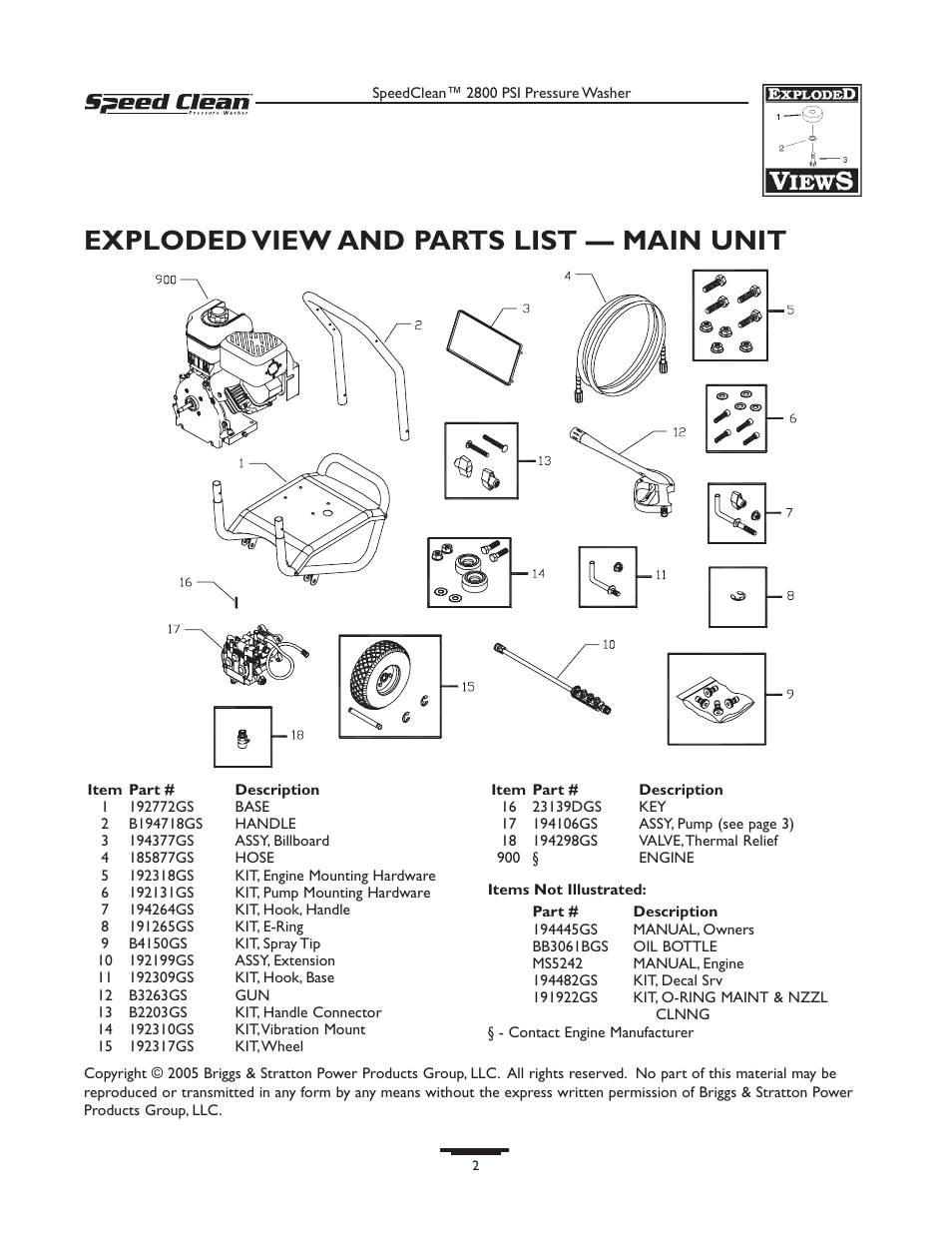 Exploded view and parts list — main unit | Briggs & Stratton Speed Clean 020212-0 User Manual | Page 2 / 3
