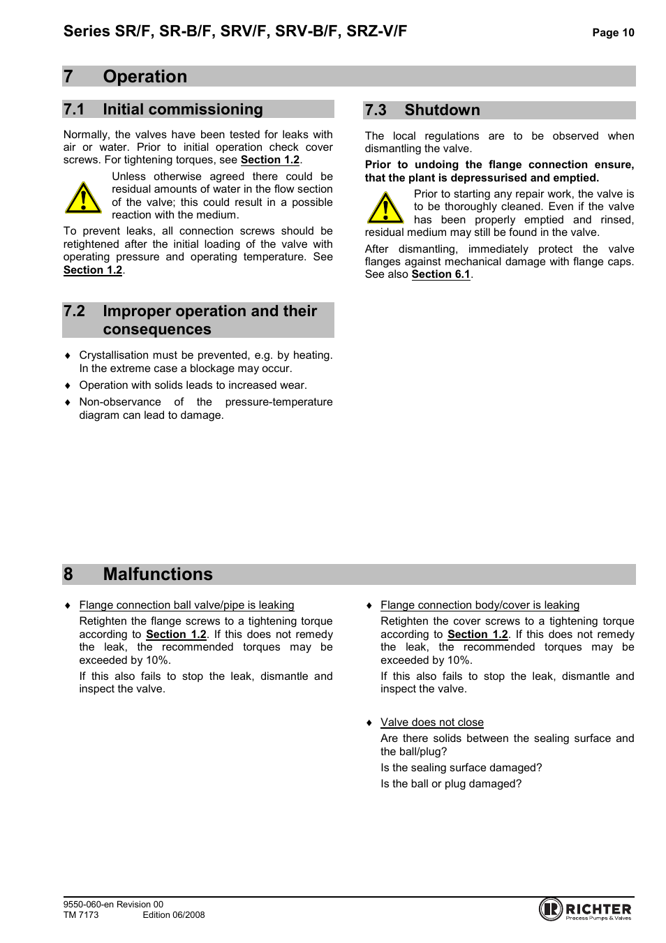 7 operation, 1 initial commissioning, 2 improper operation and their consequences | 3 shutdown, 8 malfunctions, Initial commissioning, Shutdown, 7operation, 8malfunctions, Series sr/f, sr-b/f, srv/f, srv-b/f, srz-v/f | Richter SRZ-V/F Series Check Valves User Manual | Page 10 / 17