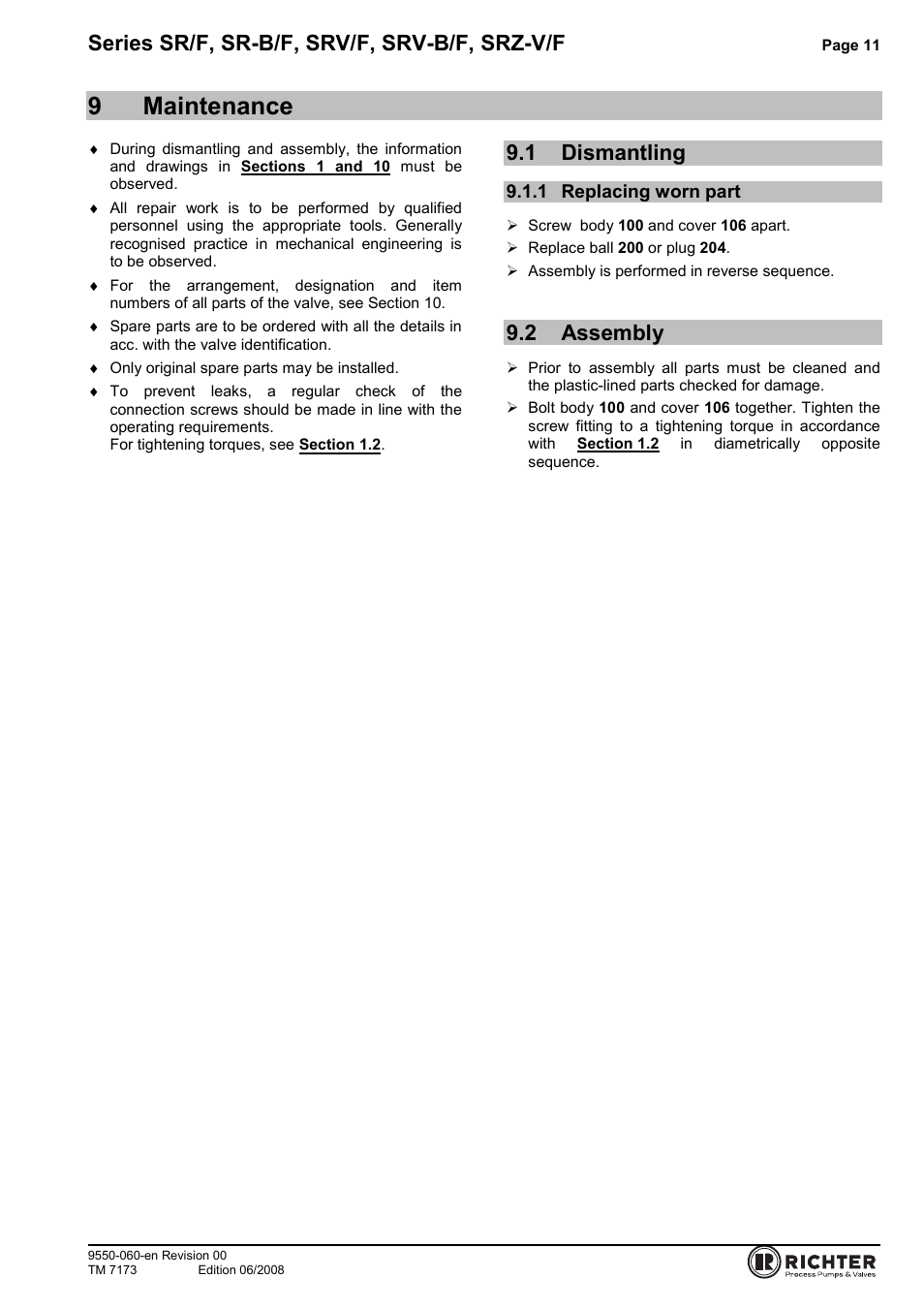 9 maintenance, 1 dismantling, 1 replacing worn part | 2 assembly, Dismantling, Replacing worn part, Assembly, 9maintenance, Series sr/f, sr-b/f, srv/f, srv-b/f, srz-v/f | Richter SRZ-V/F Series Check Valves User Manual | Page 11 / 17