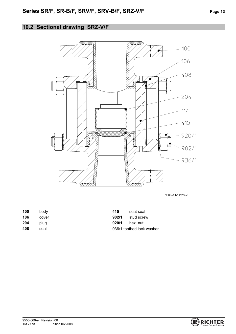 2 sectional drawing srz-v/f, Sectional drawing srz-v/f, Series sr/f, sr-b/f, srv/f, srv-b/f, srz-v/f | Richter SRZ-V/F Series Check Valves User Manual | Page 13 / 17