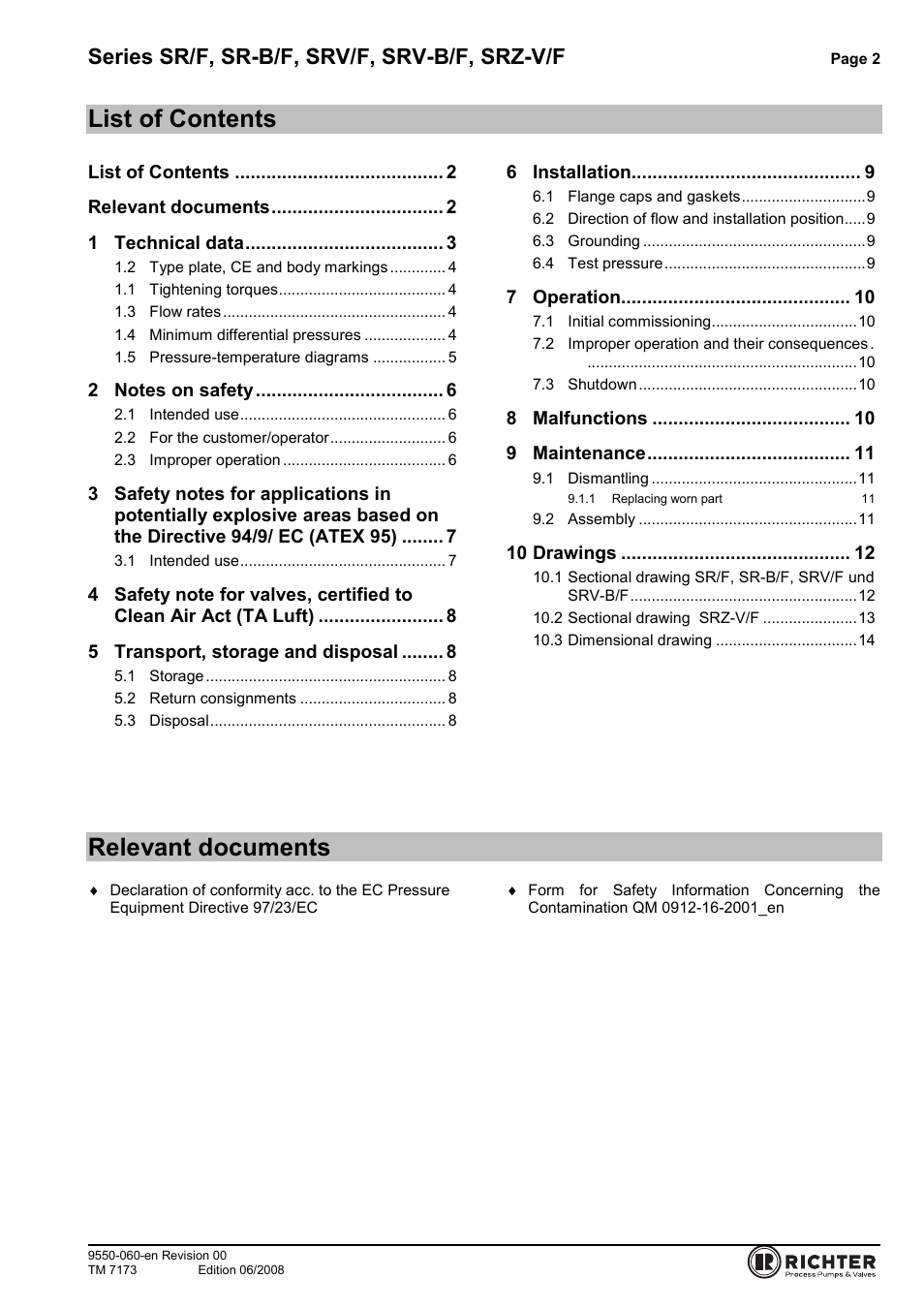 List of contents, Relevant documents, Series sr/f, sr-b/f, srv/f, srv-b/f, srz-v/f | Richter SRZ-V/F Series Check Valves User Manual | Page 2 / 17