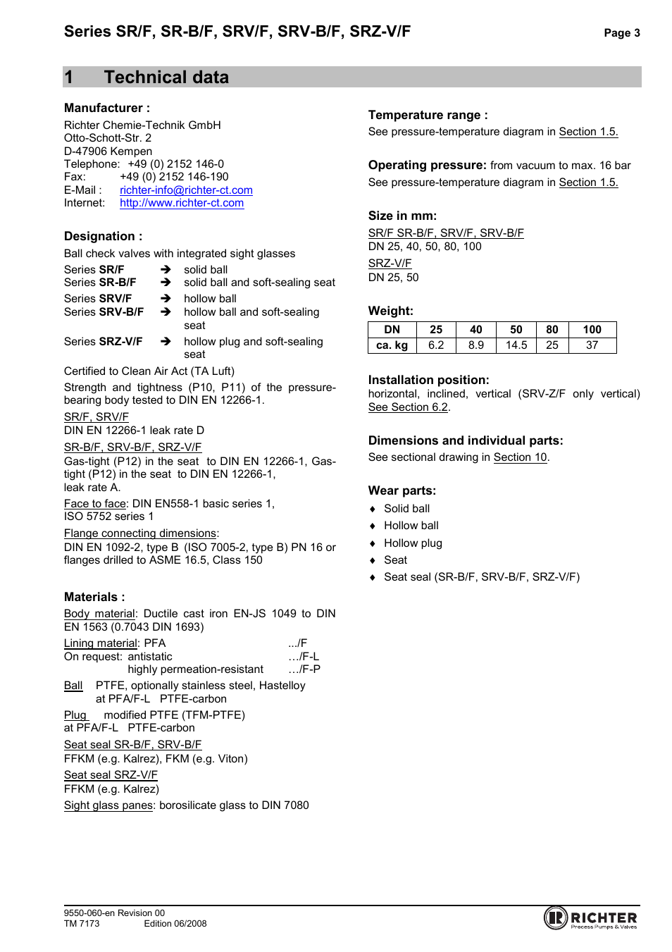 1 technical data, 1technical data, Series sr/f, sr-b/f, srv/f, srv-b/f, srz-v/f | Richter SRZ-V/F Series Check Valves User Manual | Page 3 / 17