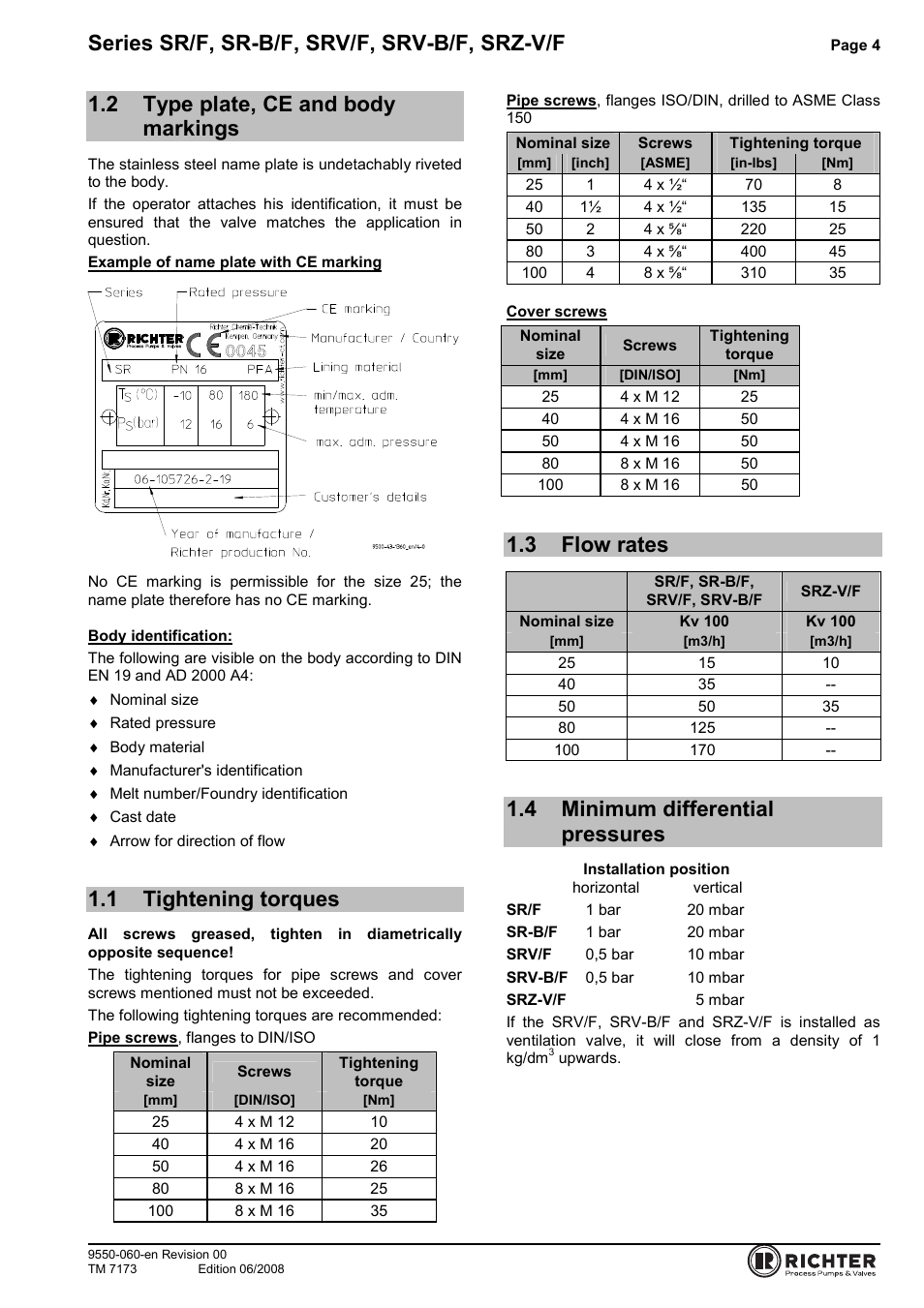 2 type plate, ce and body markings, 1 tightening torques, 3 flow rates | 4 minimum differential pressures, Type plate, ce and body markings, Tightening torques, Flow rates, Minimum differential pressures, Series sr/f, sr-b/f, srv/f, srv-b/f, srz-v/f | Richter SRZ-V/F Series Check Valves User Manual | Page 4 / 17