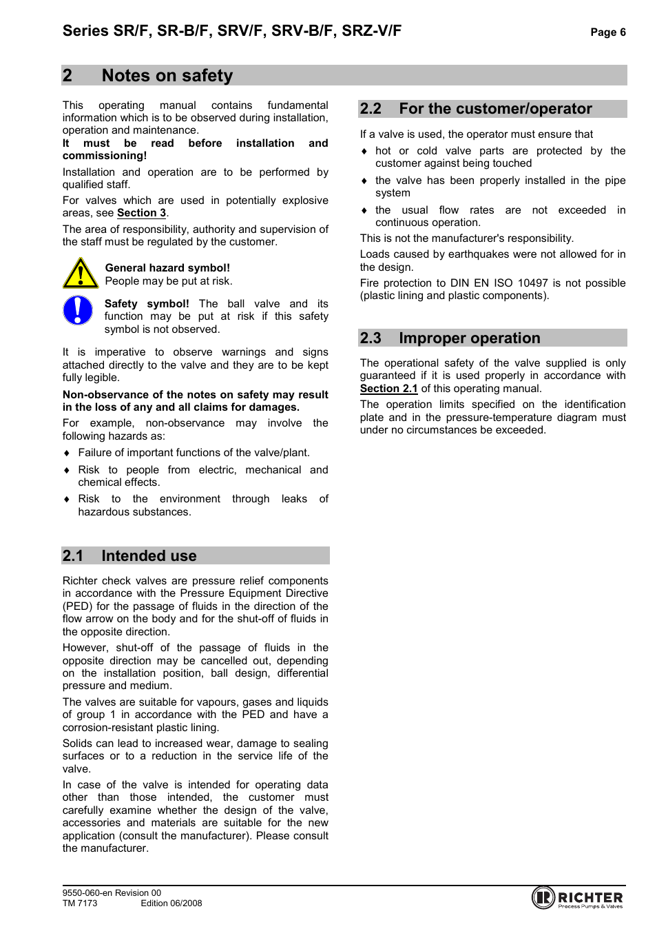 2 notes on safety, 1 intended use, 2 for the customer/operator | 3 improper operation, Intended use, For the customer/operator, Improper operation, Series sr/f, sr-b/f, srv/f, srv-b/f, srz-v/f | Richter SRZ-V/F Series Check Valves User Manual | Page 6 / 17