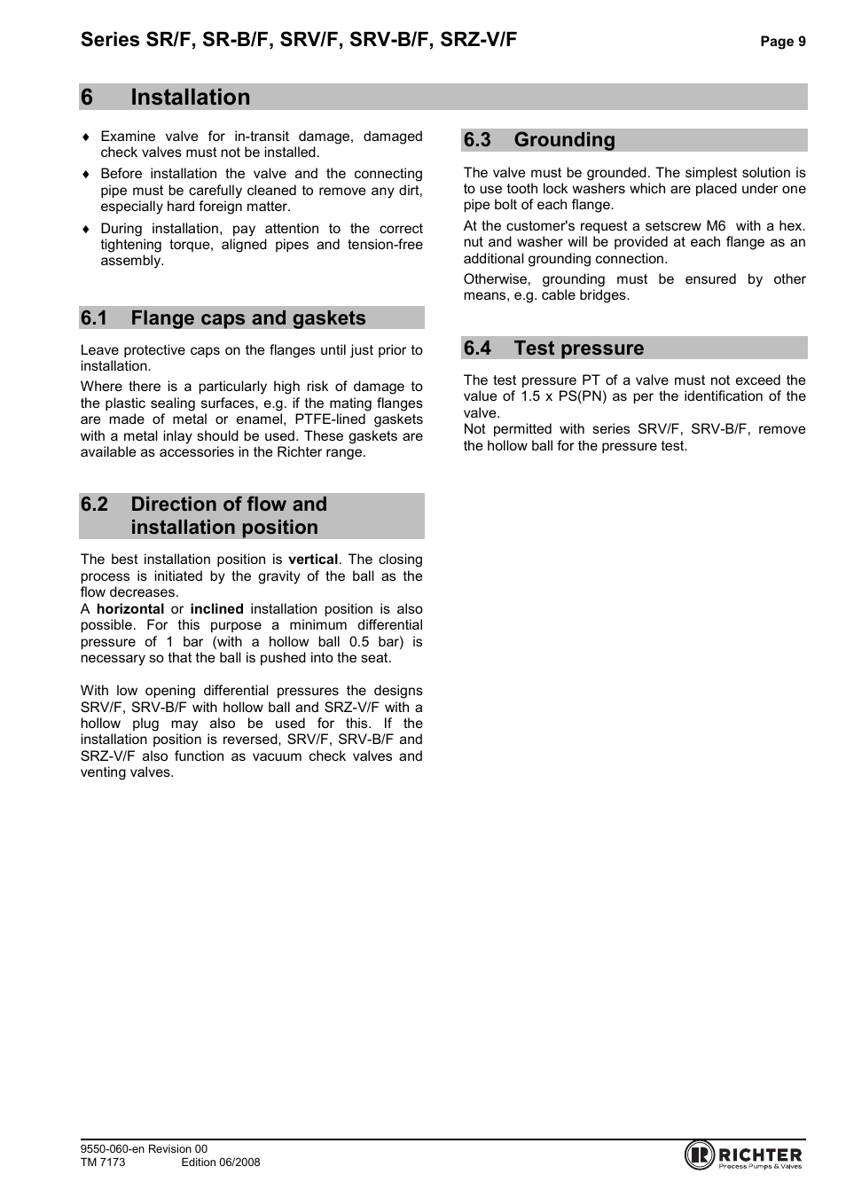 6 installation, 1 flange caps and gaskets, 2 direction of flow and installation position | 3 grounding, 4 test pressure, Flange caps and gaskets, Direction of flow and installation position, Grounding, Test pressure, 6installation | Richter SRZ-V/F Series Check Valves User Manual | Page 9 / 17