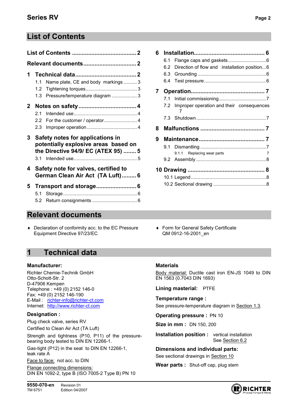 List of contents, Relevant documents, 1 technical data | 1technical data, Series rv | Richter RV Series Check Valves User Manual | Page 2 / 11