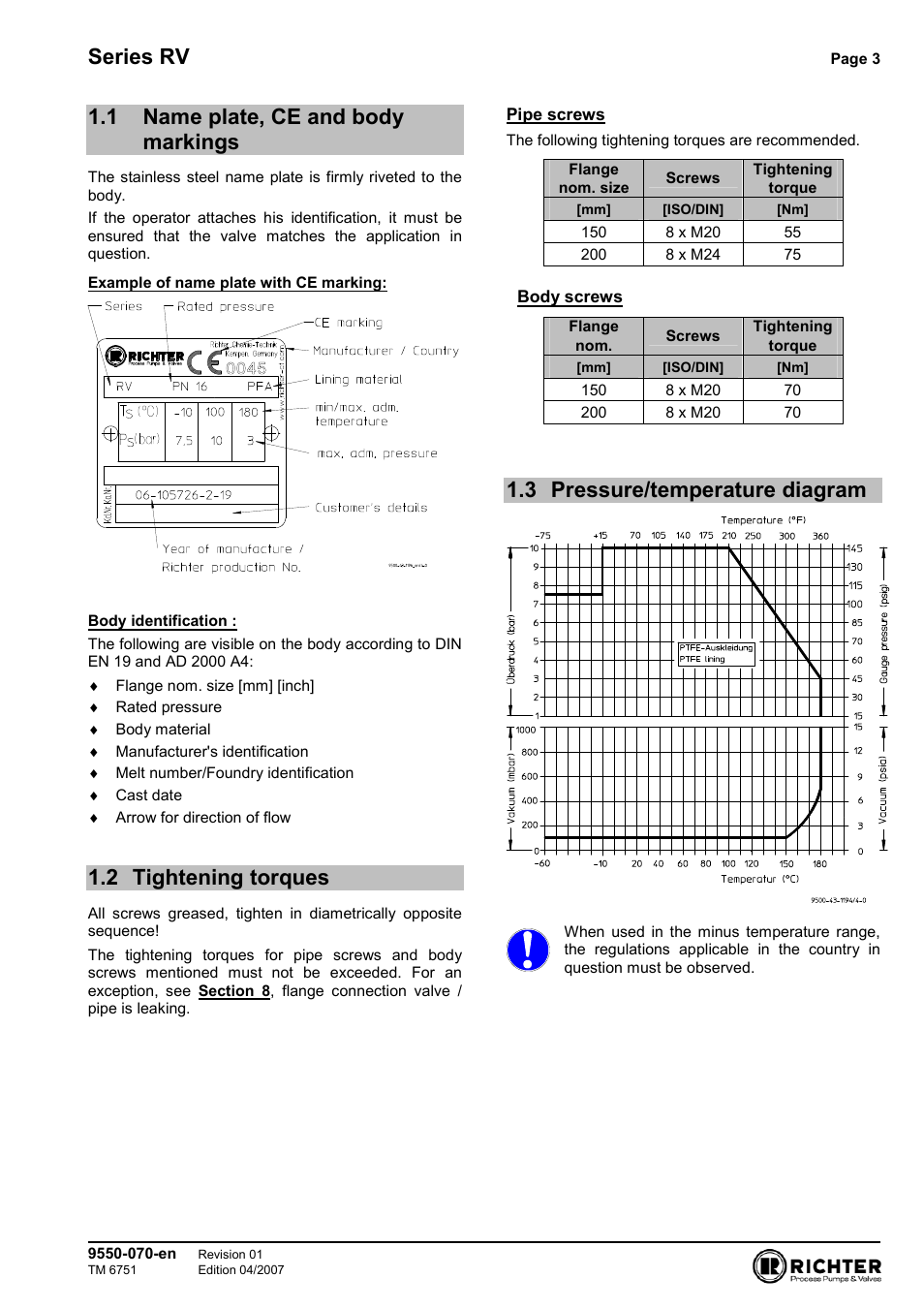 1 name plate, ce and body markings, 2 tightening torques, 3 pressure/temperature diagram | Name plate, ce and body markings, Tightening torques, Pressure/temperature diagram, Series rv | Richter RV Series Check Valves User Manual | Page 3 / 11