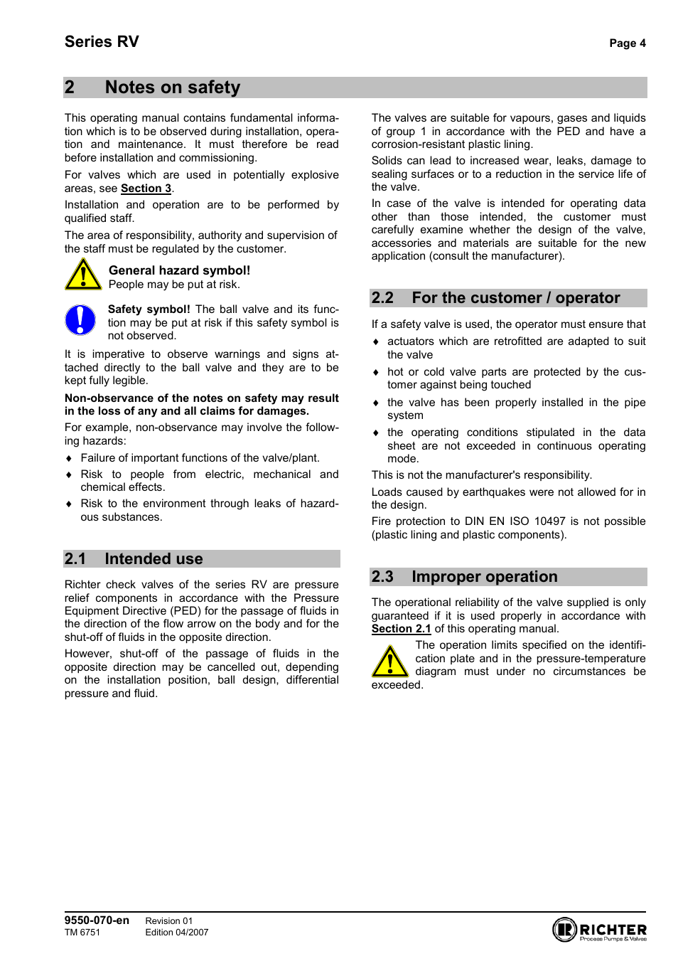 2 notes on safety, 1 intended use, 2 for the customer / operator | 3 improper operation, Intended use, For the customer / operator, Improper operation, Series rv | Richter RV Series Check Valves User Manual | Page 4 / 11