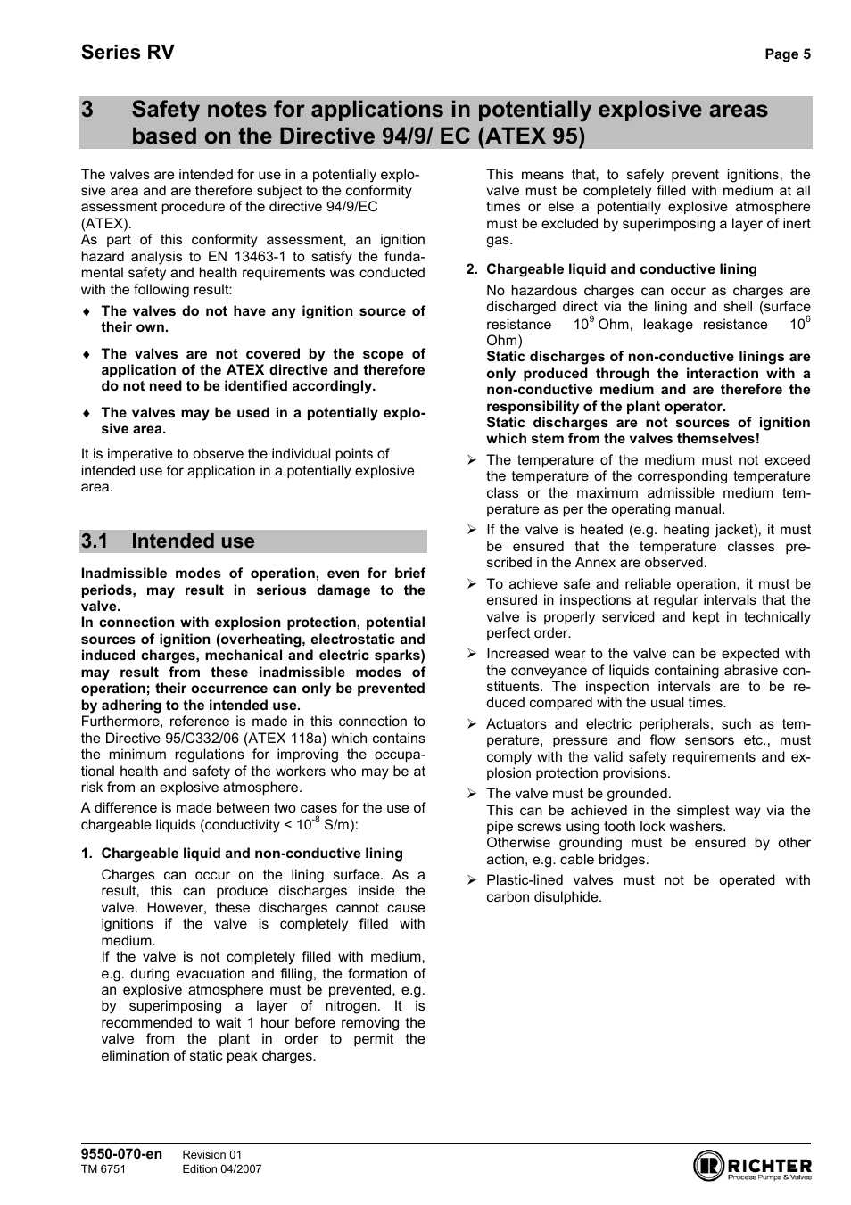 1 intended use, The directive 94/9/ ec (atex 95), Intended use | Series rv | Richter RV Series Check Valves User Manual | Page 5 / 11