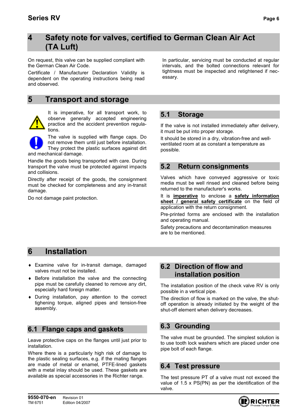 5 transport and storage, 1 storage, 2 return consignments | 6 installation, 1 flange caps and gaskets, 2 direction of flow and installation position, 3 grounding, 4 test pressure, German clean air act (ta luft), Storage | Richter RV Series Check Valves User Manual | Page 6 / 11