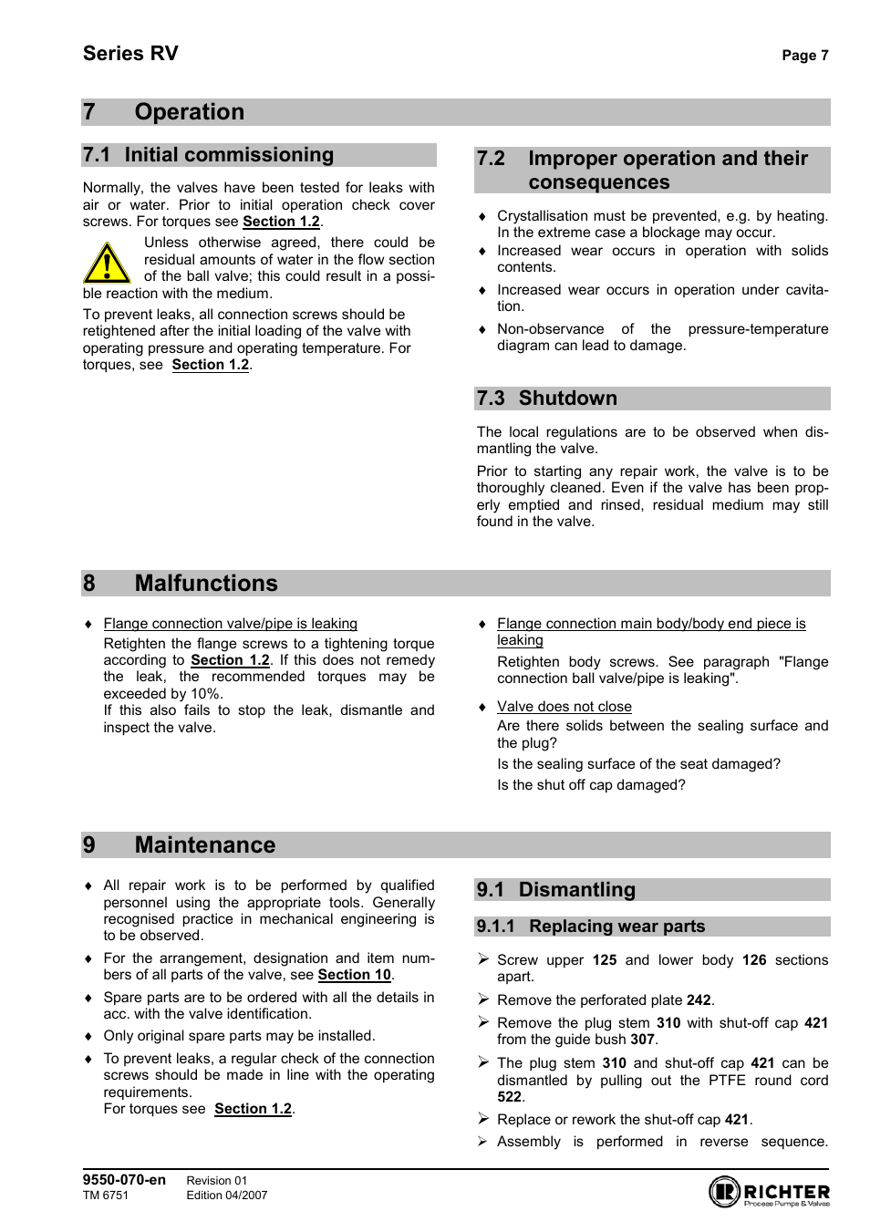 7 operation, 1 initial commissioning, 2 improper operation and their consequences | 3 shutdown, 8 malfunctions, 9 maintenance, 1 dismantling, 1 replacing wear parts, Initial commissioning, Shutdown | Richter RV Series Check Valves User Manual | Page 7 / 11