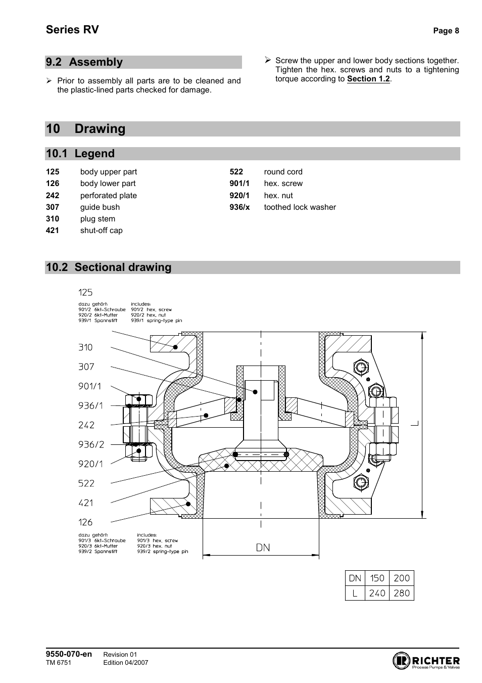 2 assembly, 10 drawing, 1 legend | 2 sectional drawing, Assembly, Legend, Sectional drawing, Series rv | Richter RV Series Check Valves User Manual | Page 8 / 11