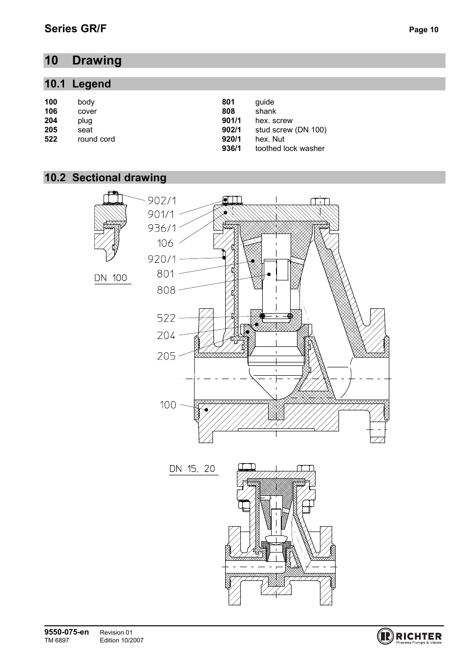 10 drawing, 1 legend, 2 sectional drawing | 1 legend 10.2 sectional drawing, Series gr/f | Richter GR/F Series Check Valves User Manual | Page 10 / 14