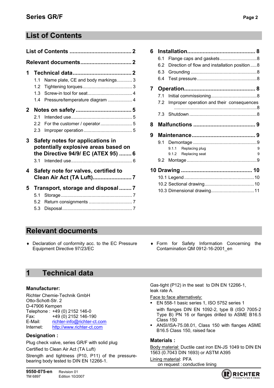 List of contents, Relevant documents, 1 technical data | 1technical data, Series gr/f | Richter GR/F Series Check Valves User Manual | Page 2 / 14