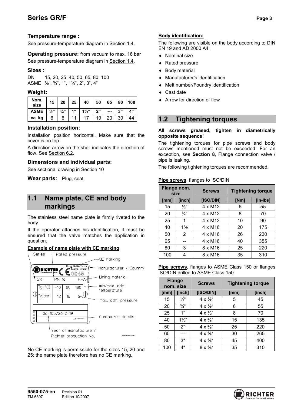 1 name plate, ce and body markings, 2 tightening torques, 1 name plate, ce and body markings 1.2 tightening | Torques, Series gr/f | Richter GR/F Series Check Valves User Manual | Page 3 / 14