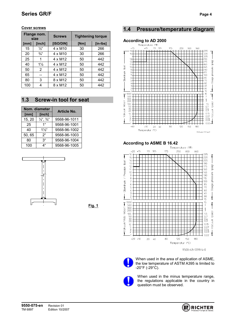 3 screw-in tool for seat, 4 pressure/temperature diagram, 3 screw-in tool for seat 1.4 pressure/temperature | Diagram, Series gr/f | Richter GR/F Series Check Valves User Manual | Page 4 / 14