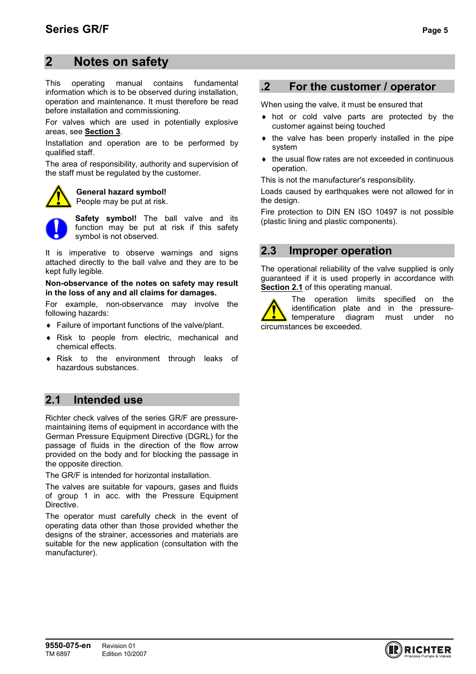 2 notes on safety, 1 intended use, 2 for the customer / operator | 3 improper operation, 1 intended, 2 for the customer / operator 2.3 improper, Operation, Series gr/f | Richter GR/F Series Check Valves User Manual | Page 5 / 14