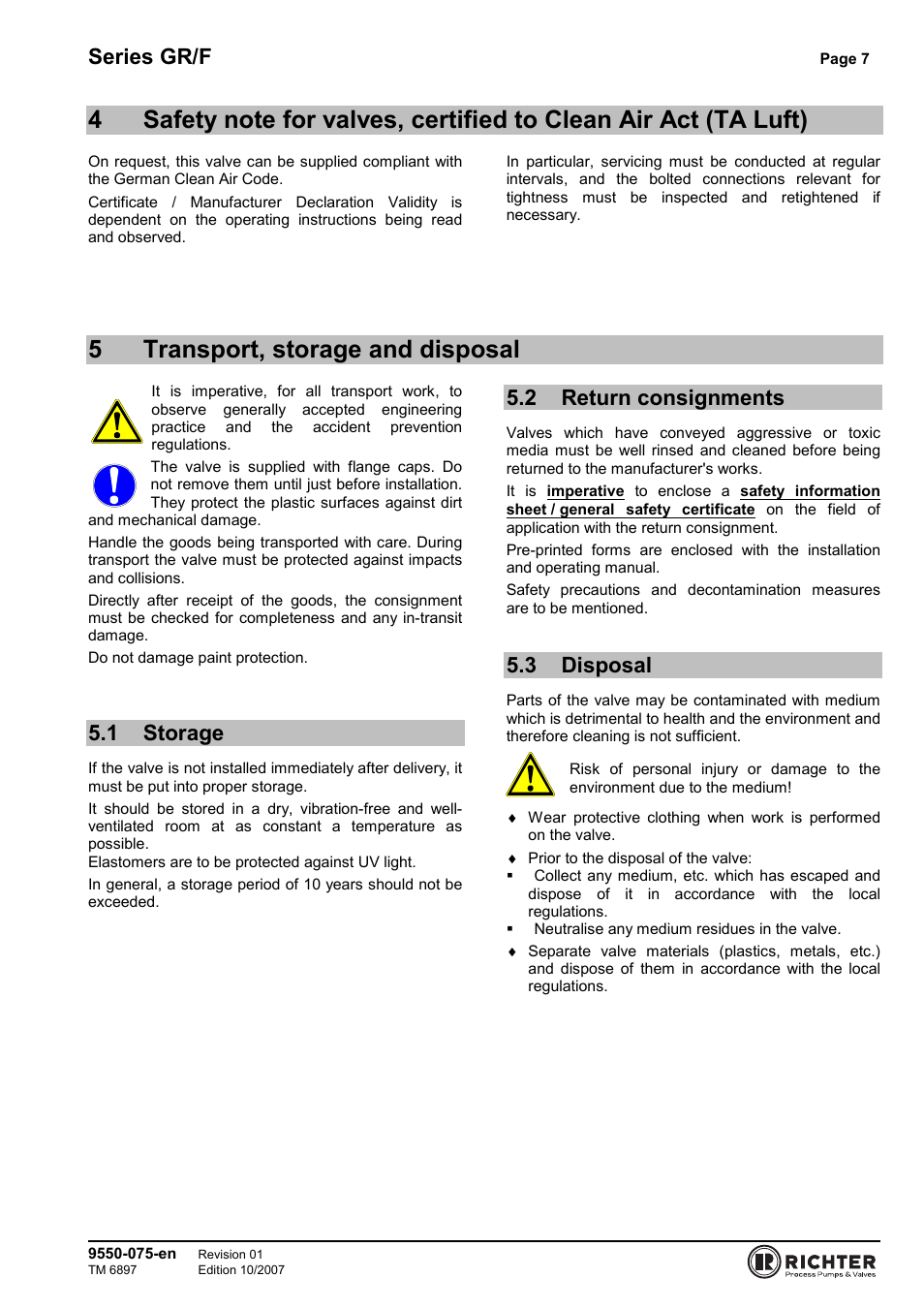 5 transport, storage and disposal, 1 storage, 2 return consignments | 3 disposal, Clean air act (ta luft), 1 storage 5.2 return, Consignments, 5transport, storage and disposal, Series gr/f | Richter GR/F Series Check Valves User Manual | Page 7 / 14