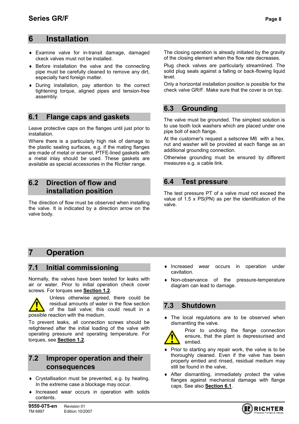 6 installation, 1 flange caps and gaskets, 2 direction of flow and installation position | 3 grounding, 4 test pressure, 7 operation, 1 initial commissioning, 2 improper operation and their consequences, 3 shutdown, Pressure | Richter GR/F Series Check Valves User Manual | Page 8 / 14