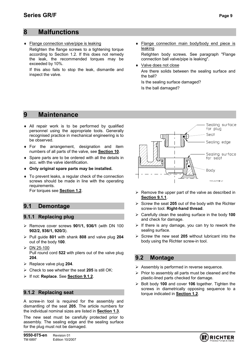 8 malfunctions, 9 maintenance, 1 demontage | 1 replacing plug, 2 replacing seat, 2 montage, 1 replacing, Plug, 2 replacing, Seat | Richter GR/F Series Check Valves User Manual | Page 9 / 14