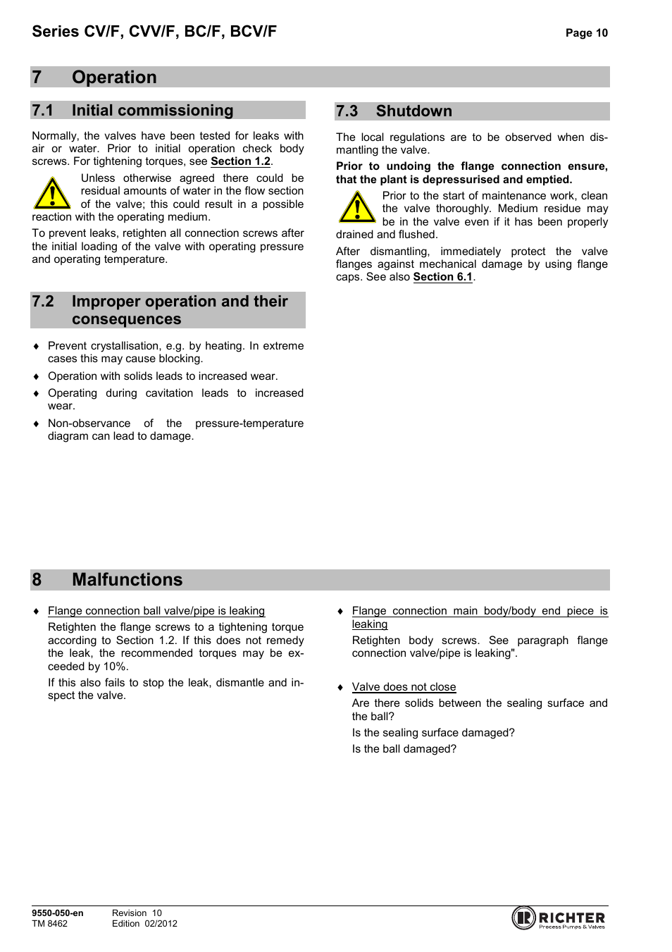 7 operation, 1 initial commissioning, 2 improper operation and their consequences | 3 shutdown, 8 malfunctions, Initial commissioning, Shutdown, 7operation, 8malfunctions, Series cv/f, cvv/f, bc/f, bcv/f | Richter BCV/F (ASME) Series Check Valves User Manual | Page 10 / 21