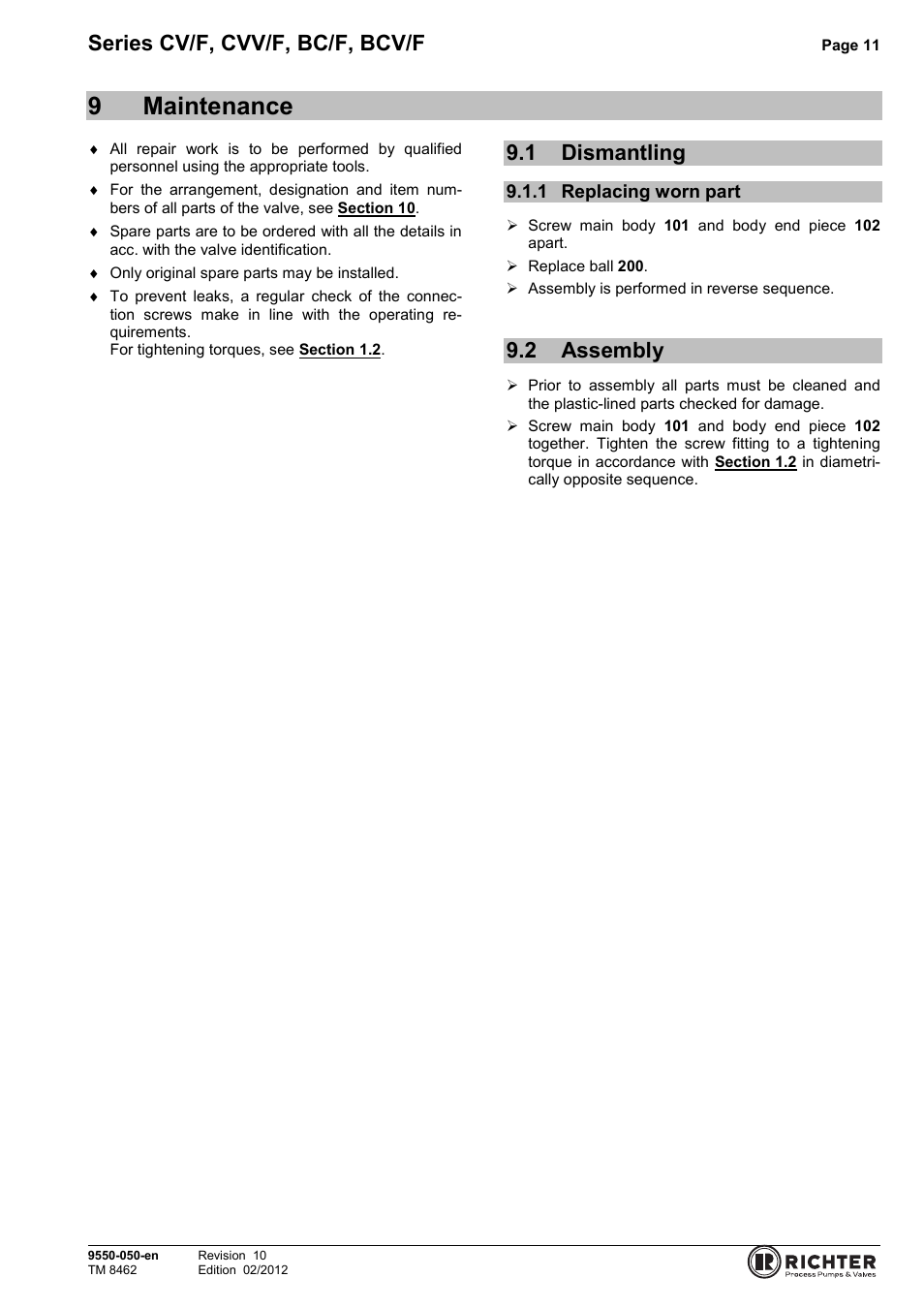 9 maintenance, 1 dismantling, 1 replacing worn part | 2 assembly, Dismantling, Replacing worn part, Assembly, 9maintenance, Series cv/f, cvv/f, bc/f, bcv/f | Richter BCV/F (ASME) Series Check Valves User Manual | Page 11 / 21