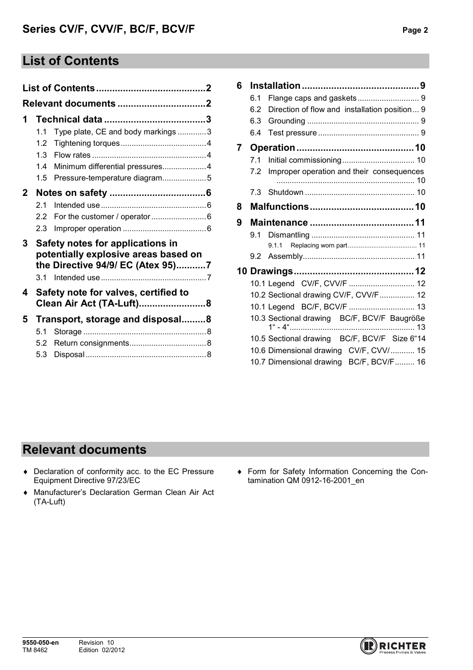 List of contents, Relevant documents, Series cv/f, cvv/f, bc/f, bcv/f | Richter BCV/F (ASME) Series Check Valves User Manual | Page 2 / 21