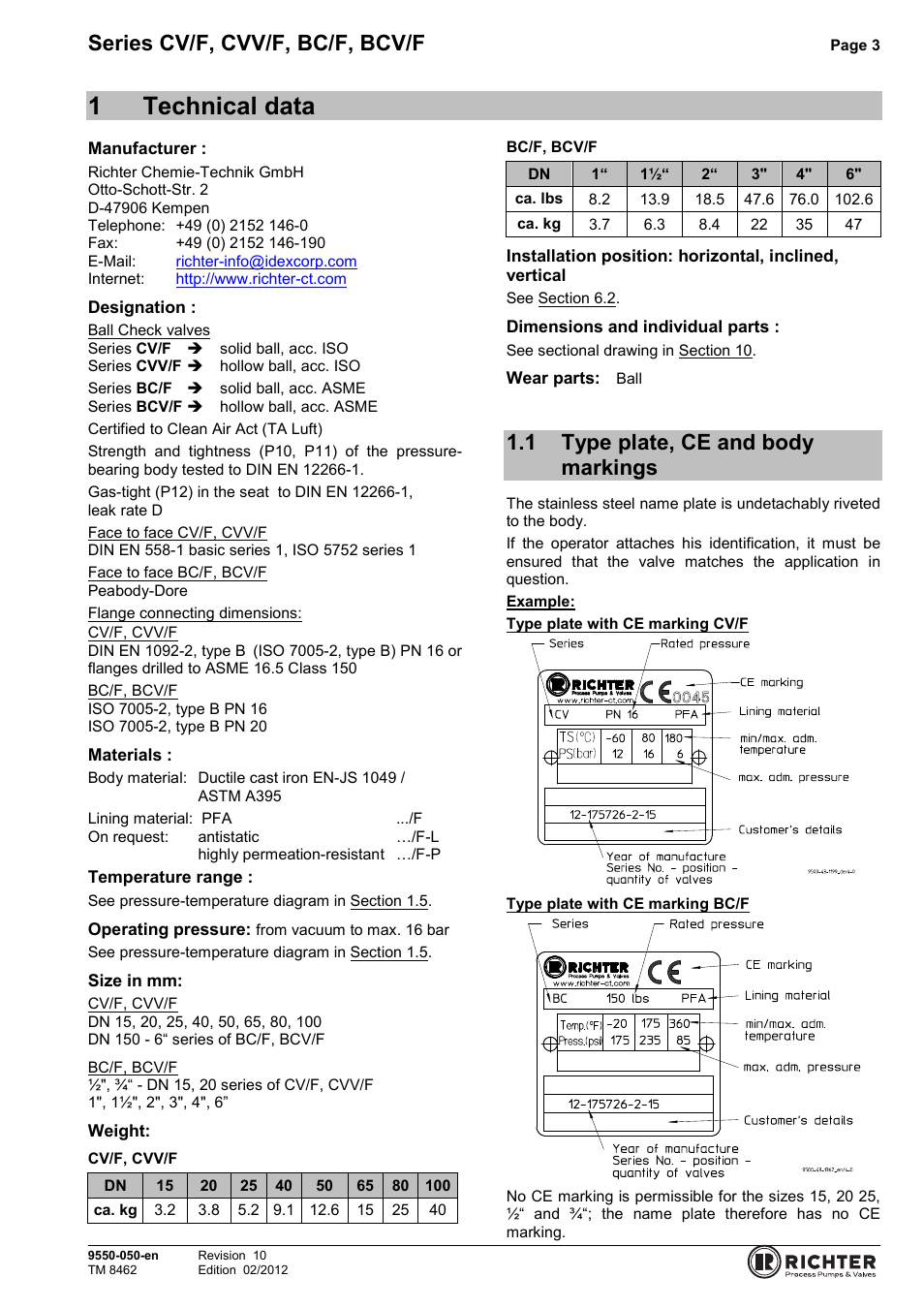 1 technical data, 1 type plate, ce and body markings, Type plate, ce and body markings | 1technical data, Series cv/f, cvv/f, bc/f, bcv/f | Richter BCV/F (ASME) Series Check Valves User Manual | Page 3 / 21