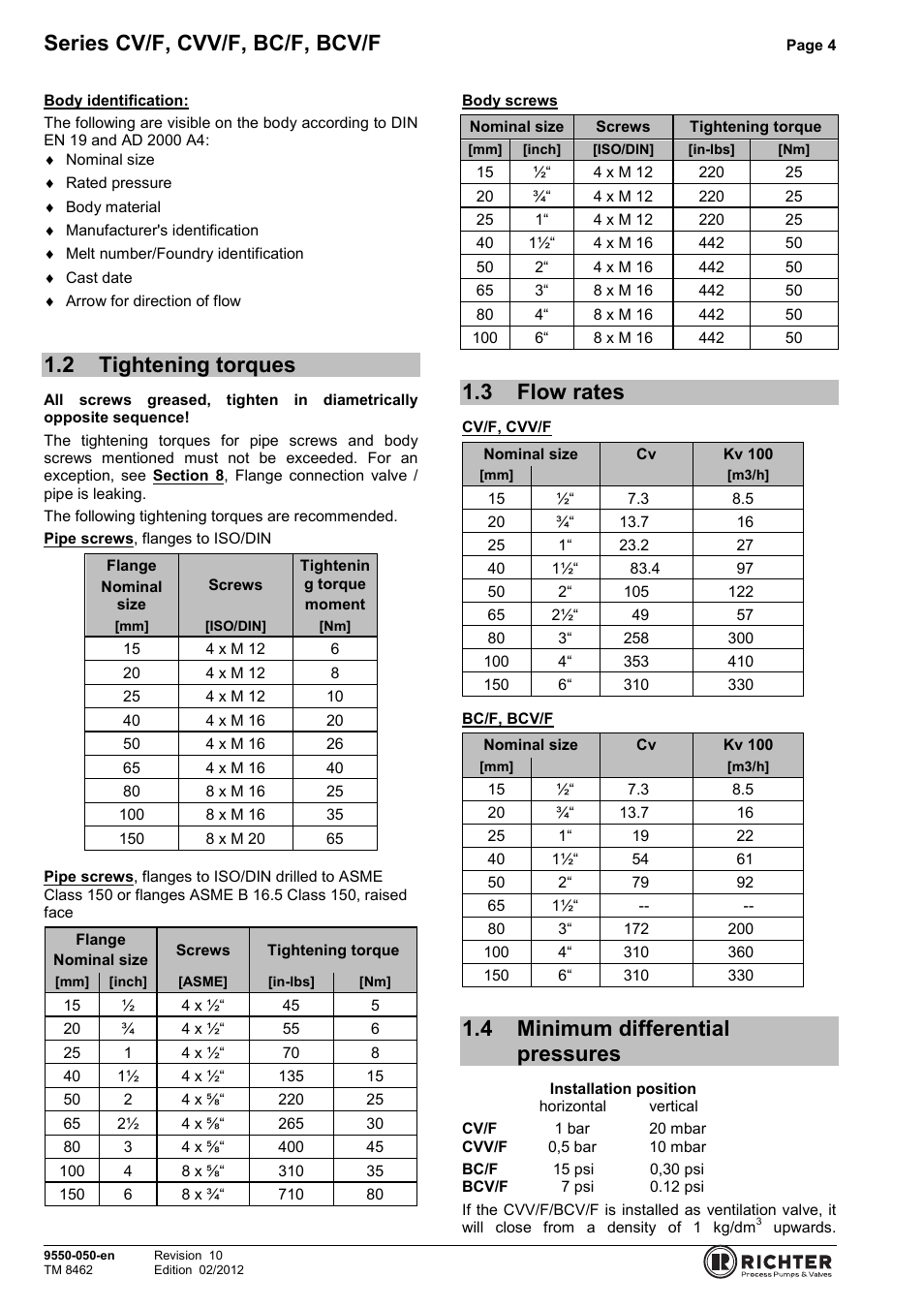 2 tightening torques, 3 flow rates, 4 minimum differential pressures | Tightening torques, Flow rates, Minimum differential pressures, Series cv/f, cvv/f, bc/f, bcv/f | Richter BCV/F (ASME) Series Check Valves User Manual | Page 4 / 21