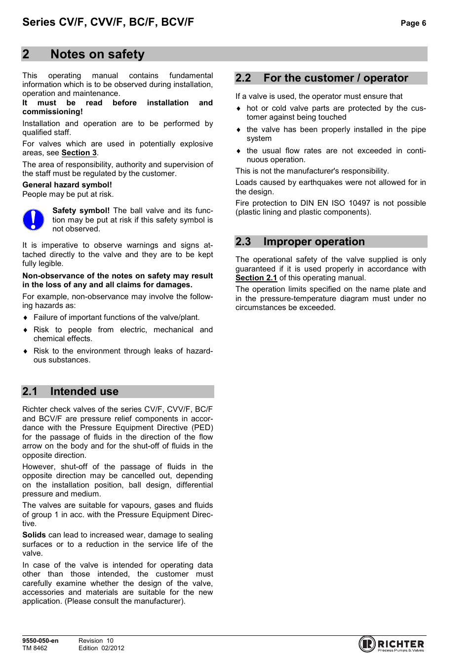 2 notes on safety, 1 intended use, 2 for the customer / operator | 3 improper operation, Intended use, For the customer / operator, Improper operation, Series cv/f, cvv/f, bc/f, bcv/f | Richter BCV/F (ASME) Series Check Valves User Manual | Page 6 / 21