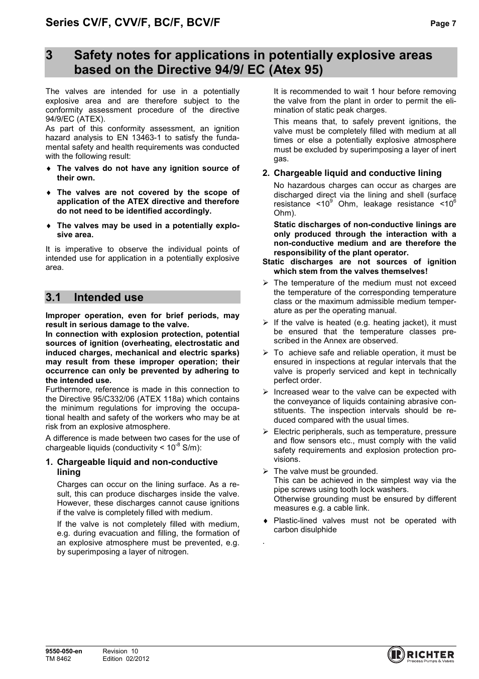 1 intended use, The directive 94/9/ ec (atex 95), Intended use | Series cv/f, cvv/f, bc/f, bcv/f | Richter BCV/F (ASME) Series Check Valves User Manual | Page 7 / 21