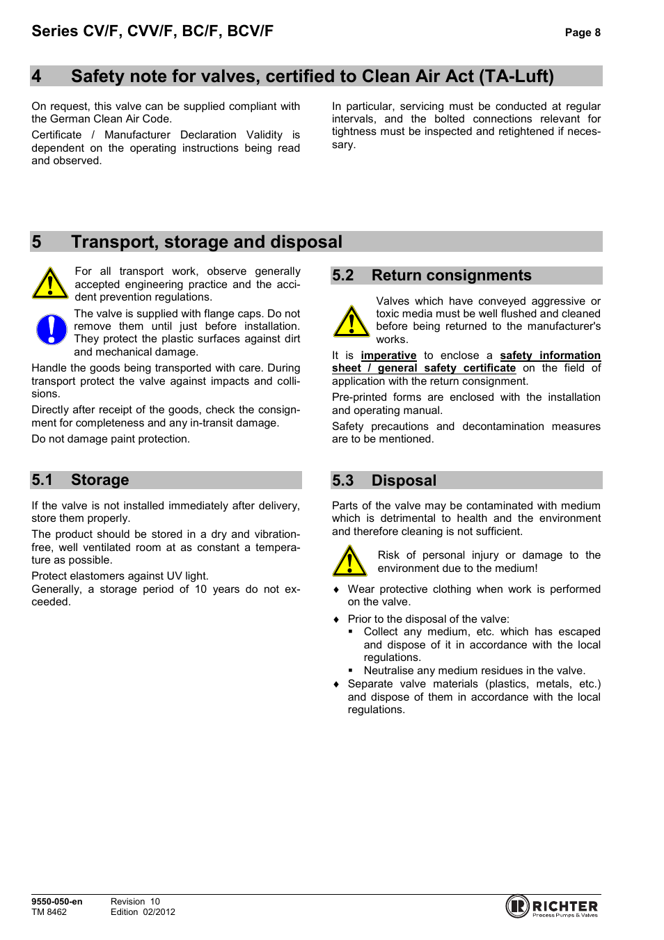 5 transport, storage and disposal, 1 storage, 2 return consignments | 3 disposal, Clean air act (ta-luft), Storage, Return consignments, Disposal, 5transport, storage and disposal, Series cv/f, cvv/f, bc/f, bcv/f | Richter BCV/F (ASME) Series Check Valves User Manual | Page 8 / 21