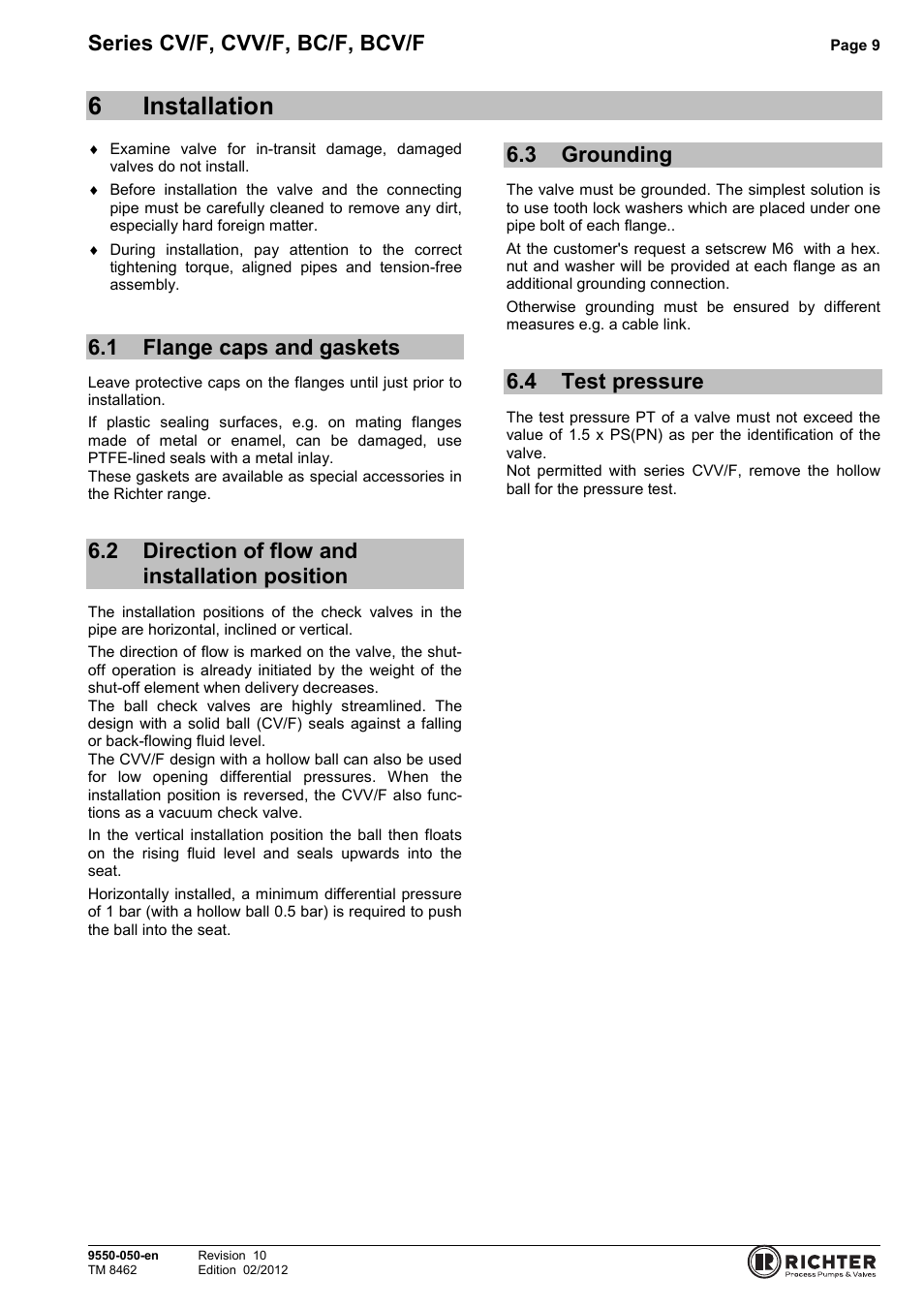 6 installation, 1 flange caps and gaskets, 2 direction of flow and installation position | 3 grounding, 4 test pressure, Flange caps and gaskets, Direction of flow and installation position, Grounding, Test pressure, 6installation | Richter BCV/F (ASME) Series Check Valves User Manual | Page 9 / 21