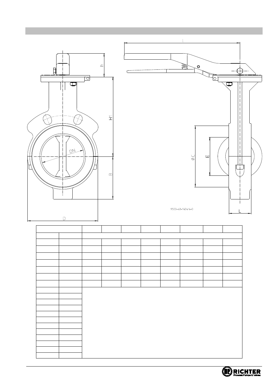 7 dimensional drawing nks-c with hand lever, Lever, Series nks-c, nksp-c, nkl-c, nklp-c | Only with worm gear | Richter NKLP-C Series Butterfly Valves User Manual | Page 21 / 33