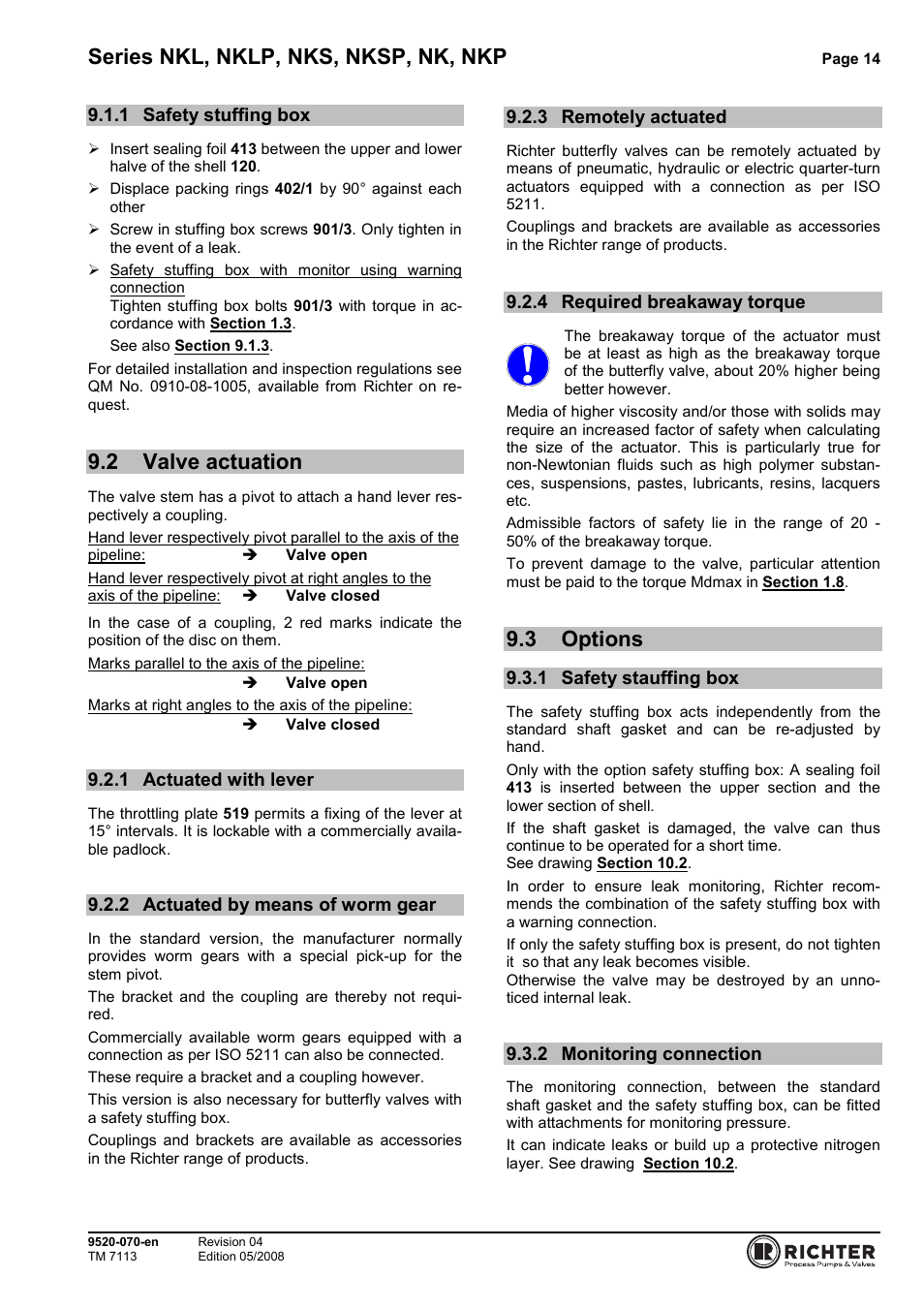 1 safety stuffing box, 2 valve actuation, 1 actuated with lever | 2 actuated by means of worm gear, 3 remotely actuated, 4 required breakaway torque, 3 options, 1 safety stauffing box, 2 monitoring connection, Safety stuffing box | Richter NKP Series Butterfly Valves User Manual | Page 14 / 26