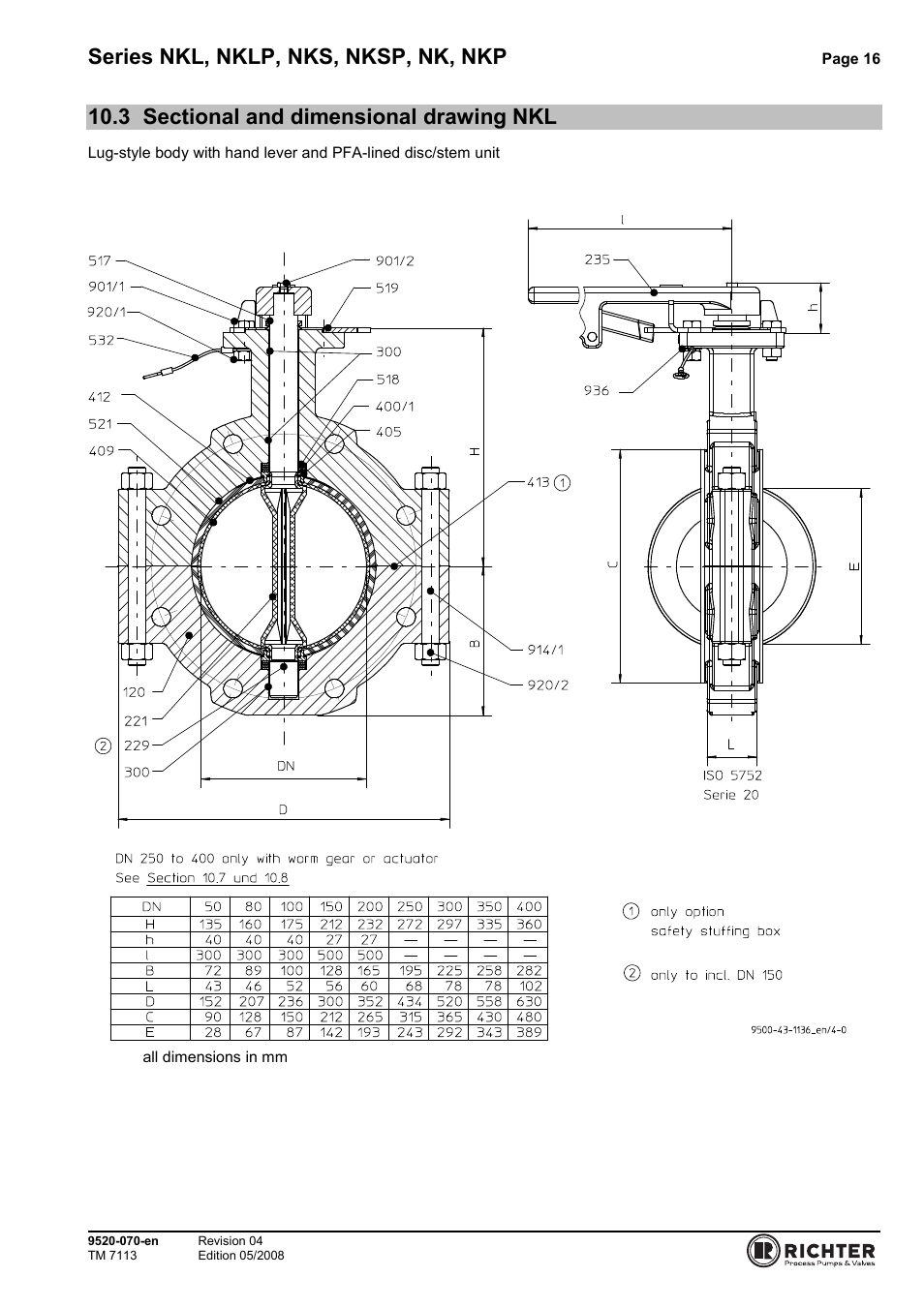 3 sectional and dimensional drawing nkl, Sectional and dimensional drawing nkl, Series nkl, nklp, nks, nksp, nk, nkp | Richter NKP Series Butterfly Valves User Manual | Page 16 / 26