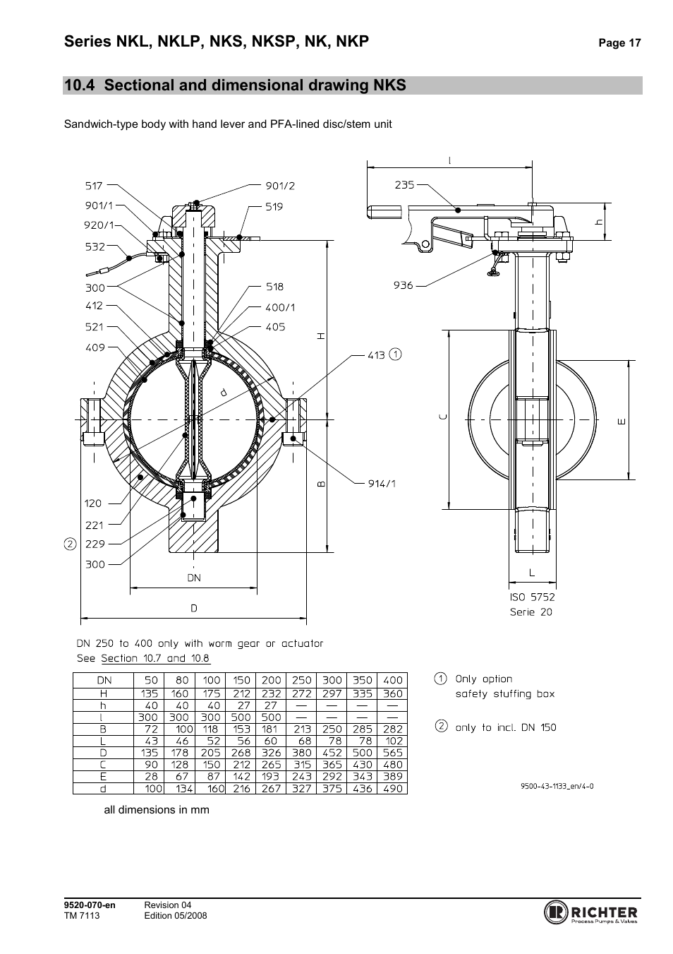 4 sectional and dimensional drawing nks, Sectional and dimensional drawing nks, Series nkl, nklp, nks, nksp, nk, nkp | Richter NKP Series Butterfly Valves User Manual | Page 17 / 26