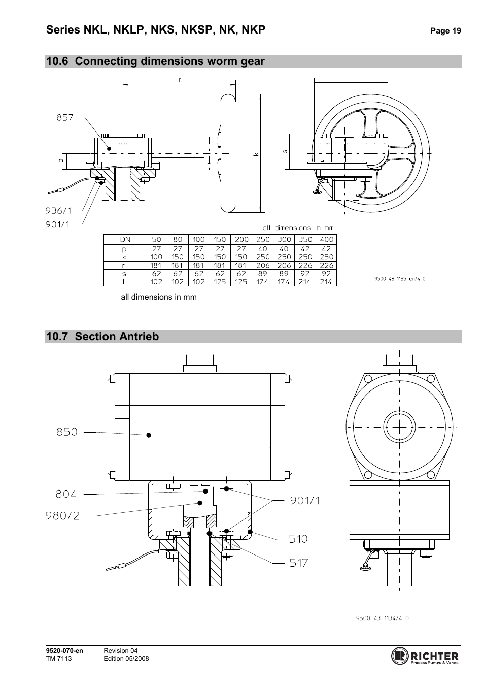 6 connecting dimensions worm gear, 7 section antrieb, Connecting dimensions worm gear | Section antrieb, Series nkl, nklp, nks, nksp, nk, nkp | Richter NKP Series Butterfly Valves User Manual | Page 19 / 26