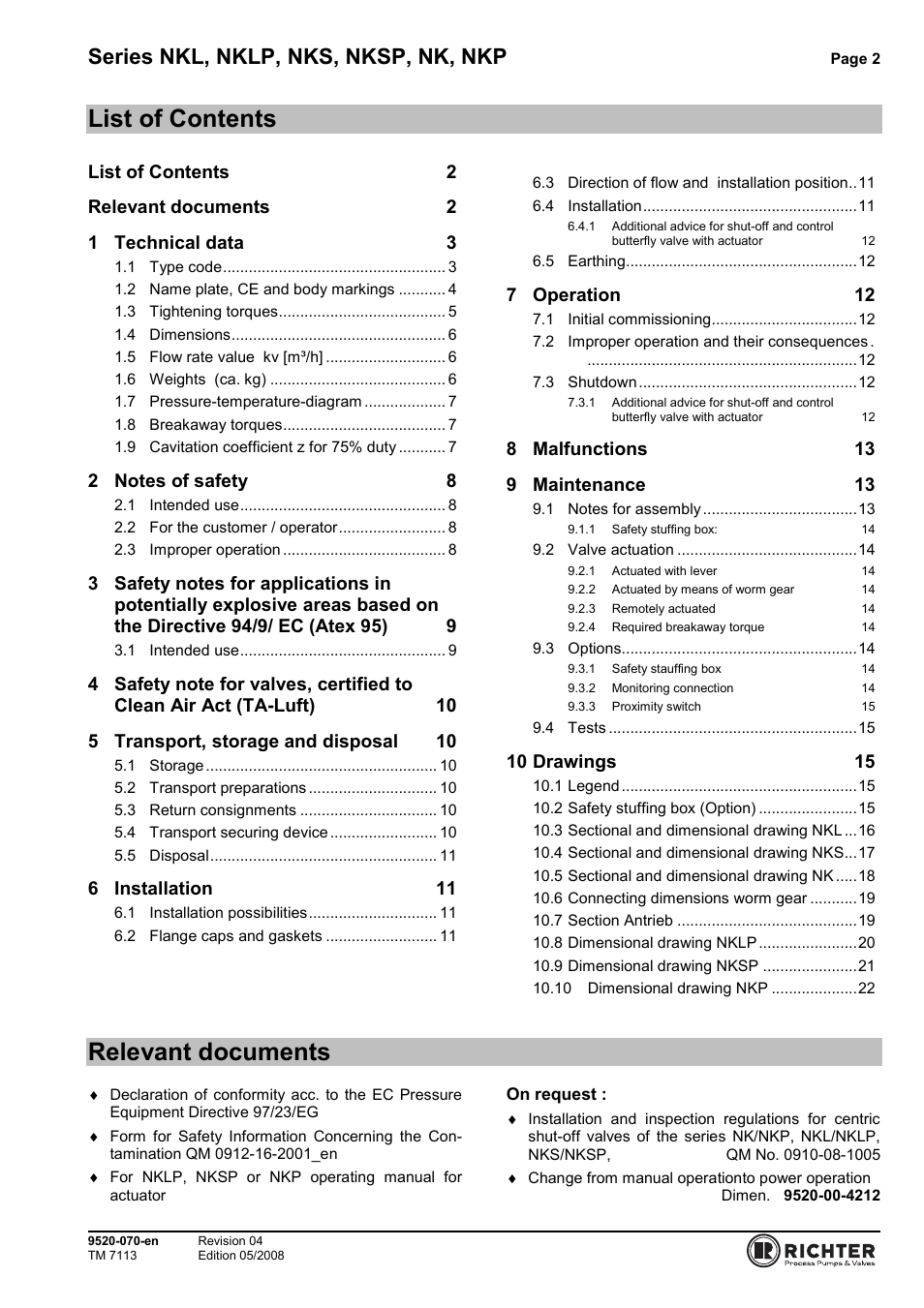 List of contents, Relevant documents, Series nkl, nklp, nks, nksp, nk, nkp | Richter NKP Series Butterfly Valves User Manual | Page 2 / 26