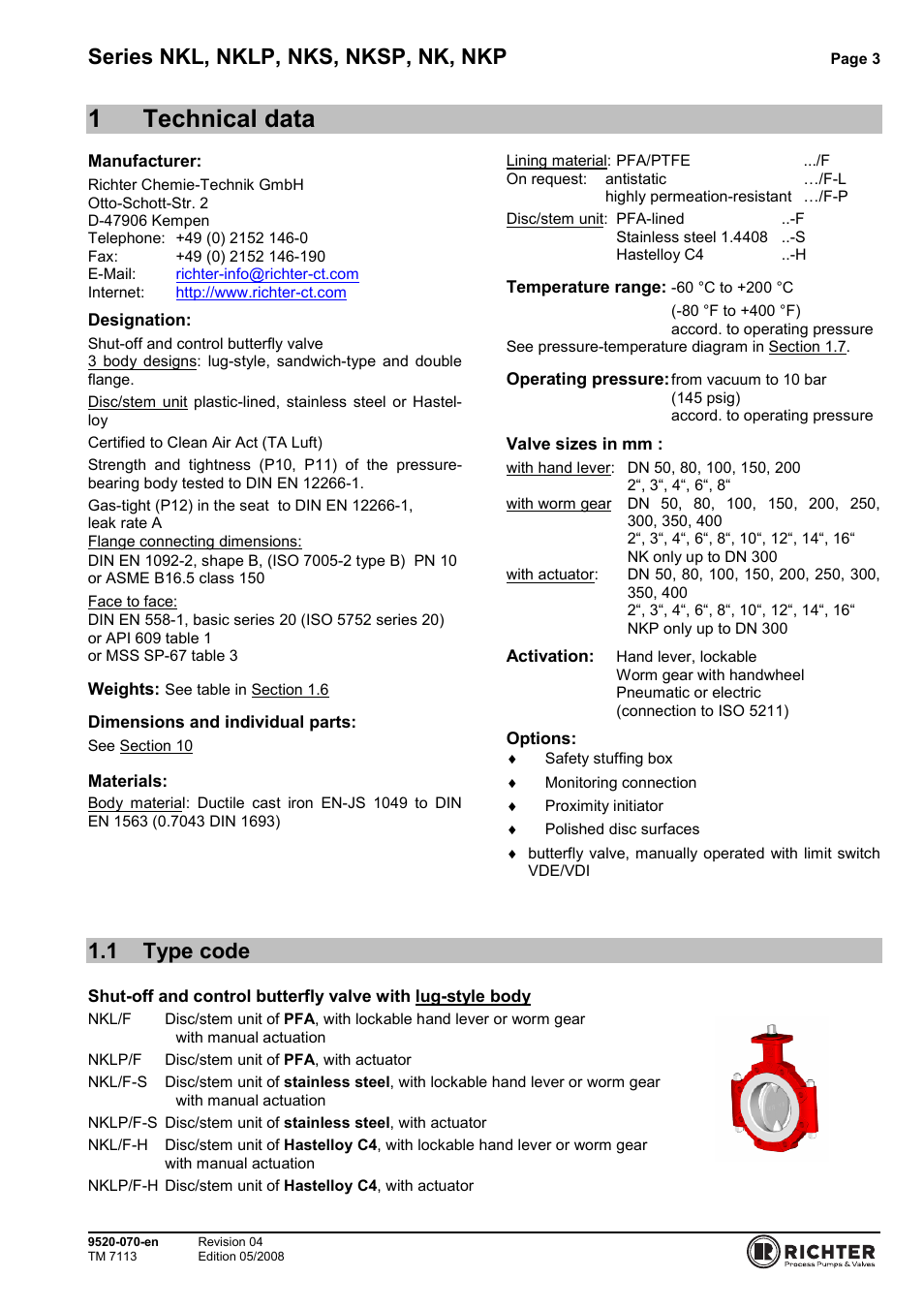 1 technical data, 1 type code, Type code | 1technical data, Series nkl, nklp, nks, nksp, nk, nkp | Richter NKP Series Butterfly Valves User Manual | Page 3 / 26