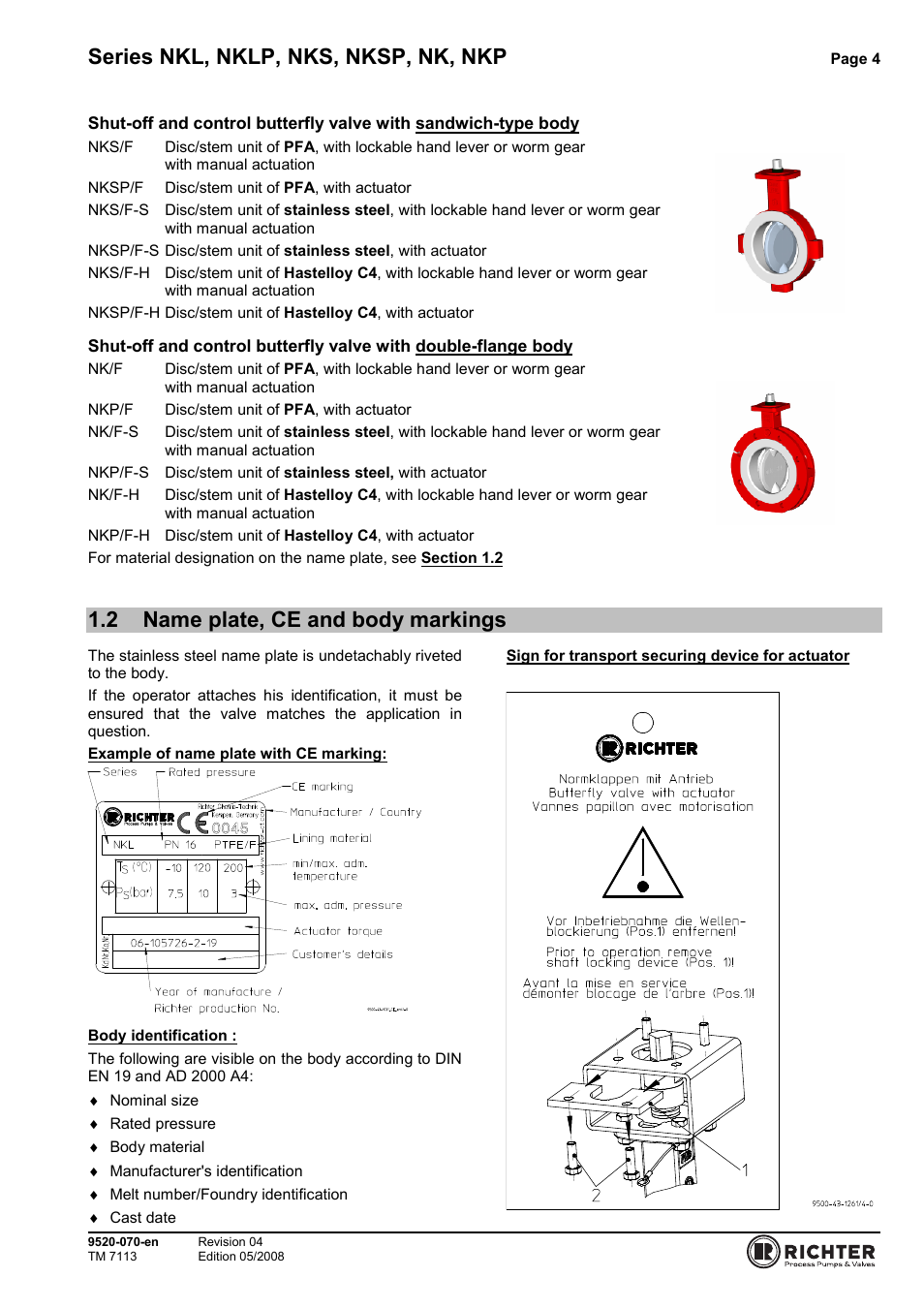 2 name plate, ce and body markings, Name plate, ce and body markings, Series nkl, nklp, nks, nksp, nk, nkp | Richter NKP Series Butterfly Valves User Manual | Page 4 / 26