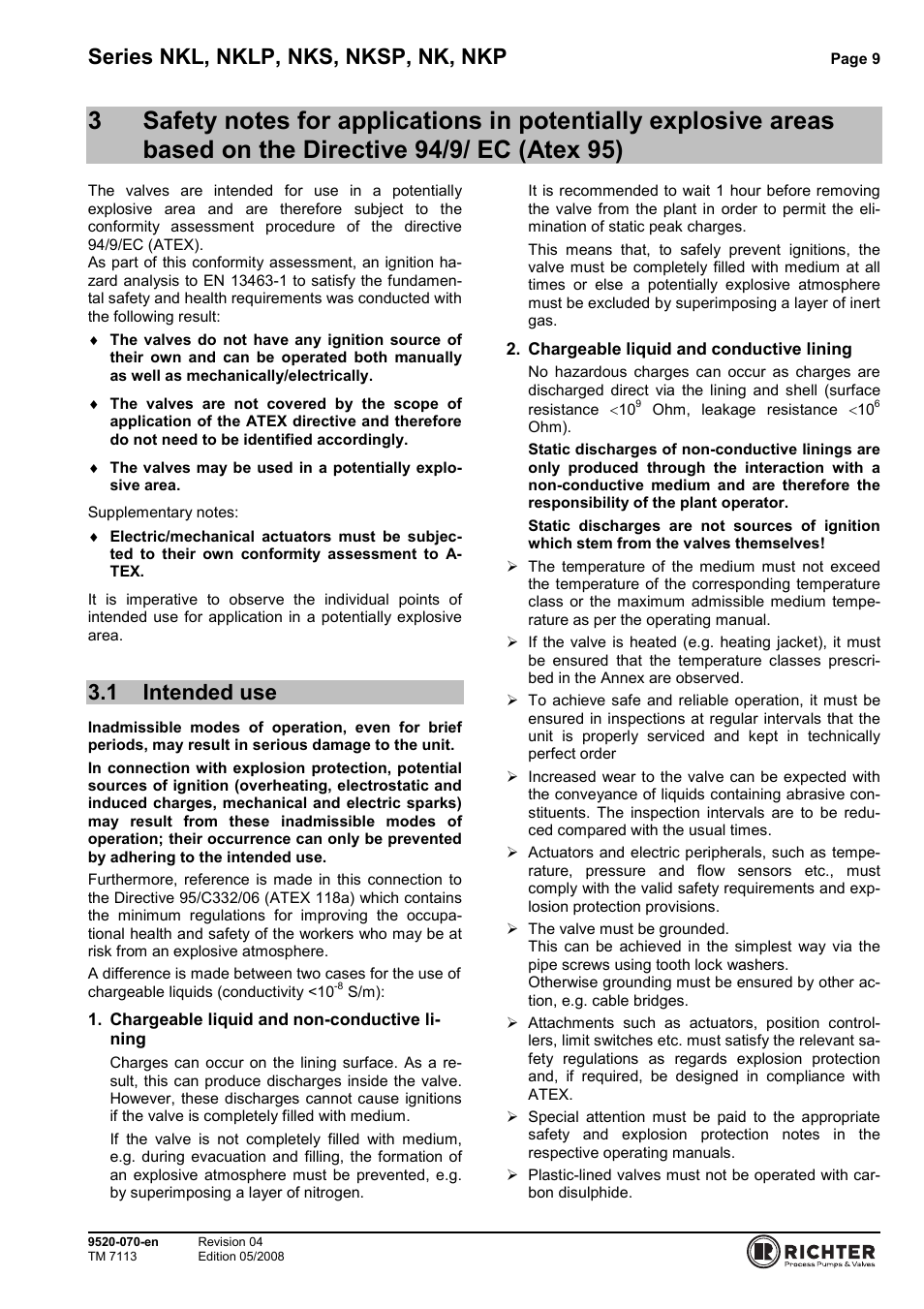 1 intended use, The directive 94/9/ ec (atex 95), Intended use | Series nkl, nklp, nks, nksp, nk, nkp | Richter NKP Series Butterfly Valves User Manual | Page 9 / 26