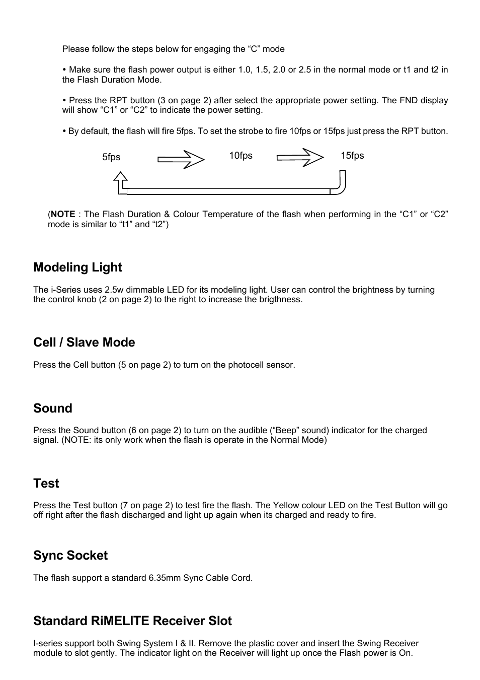 Modeling light, Cell / slave mode, Sound | Test, Sync socket, Standard rimelite receiver slot | RiME LITE i flash User Manual | Page 5 / 7