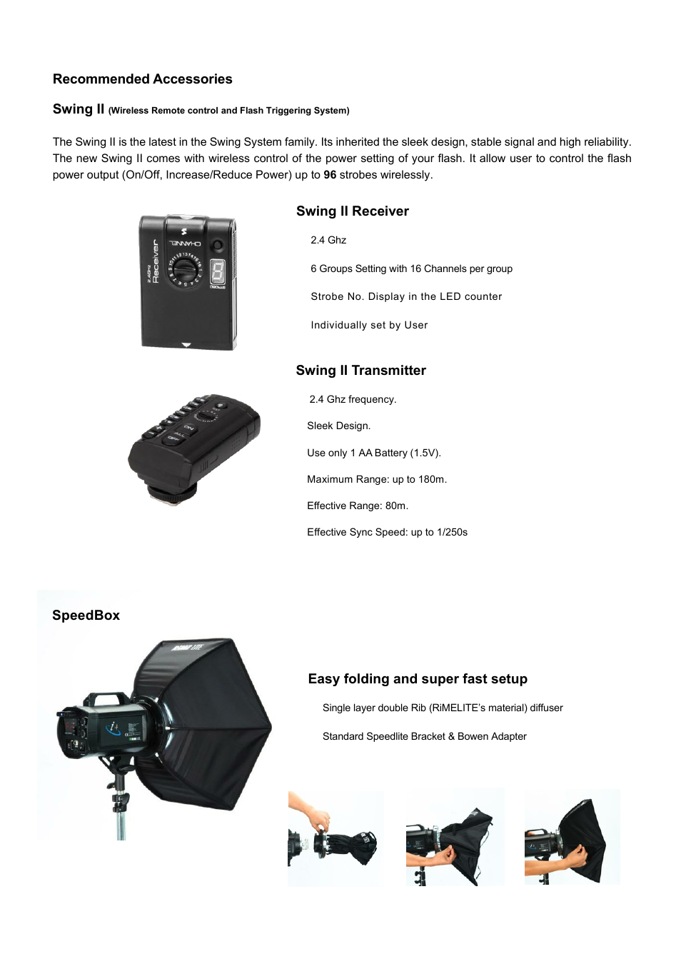 Recommended accessories swing ii, Swing ii receiver, Swing ii transmitter | Speedbox easy folding and super fast setup | RiME LITE i flash User Manual | Page 7 / 7