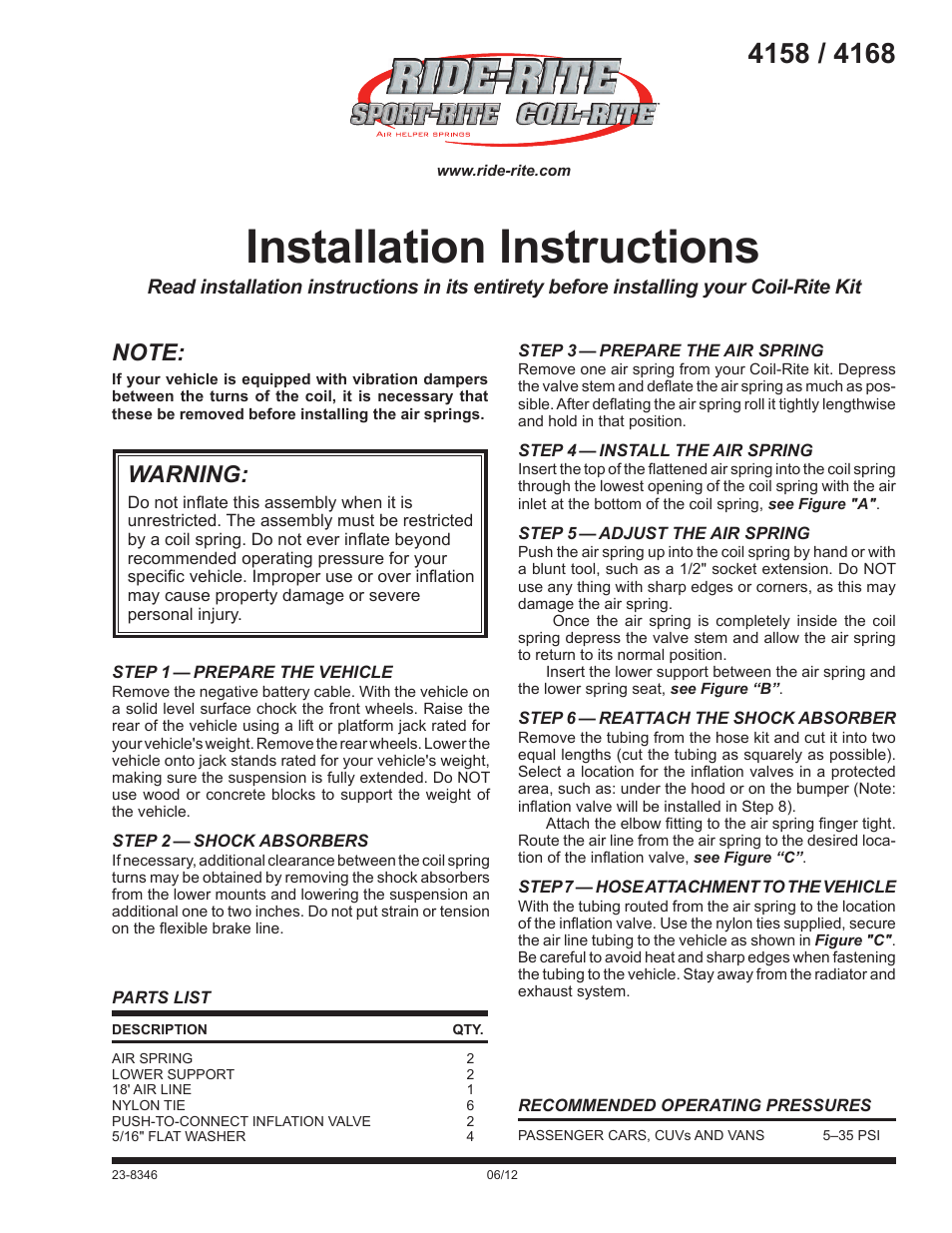 Rite-Ride 4168 User Manual | 2 pages