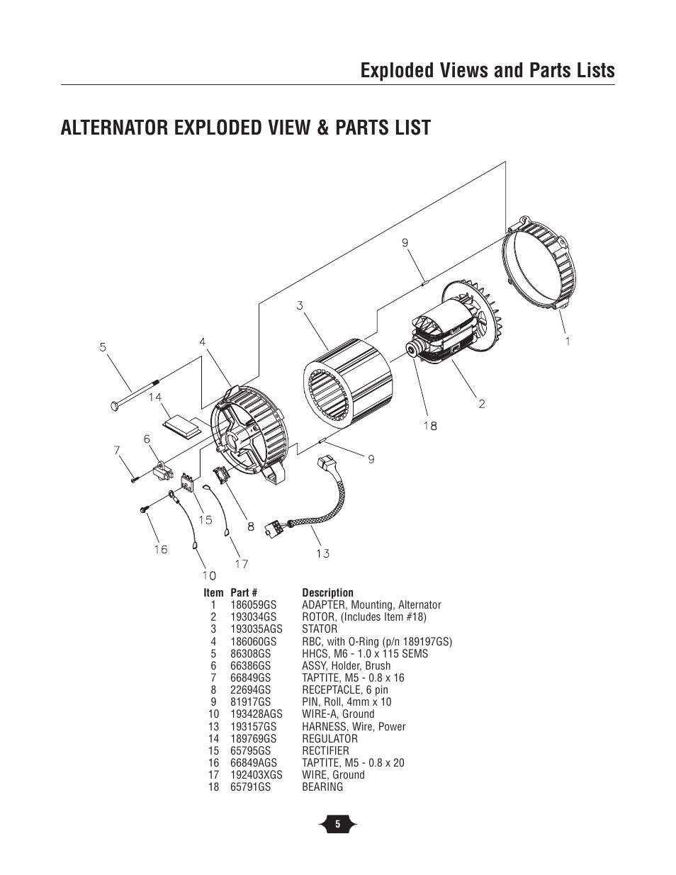 Exploded views and parts lists, Alternator exploded view & parts list | Briggs & Stratton 30342 User Manual | Page 5 / 6